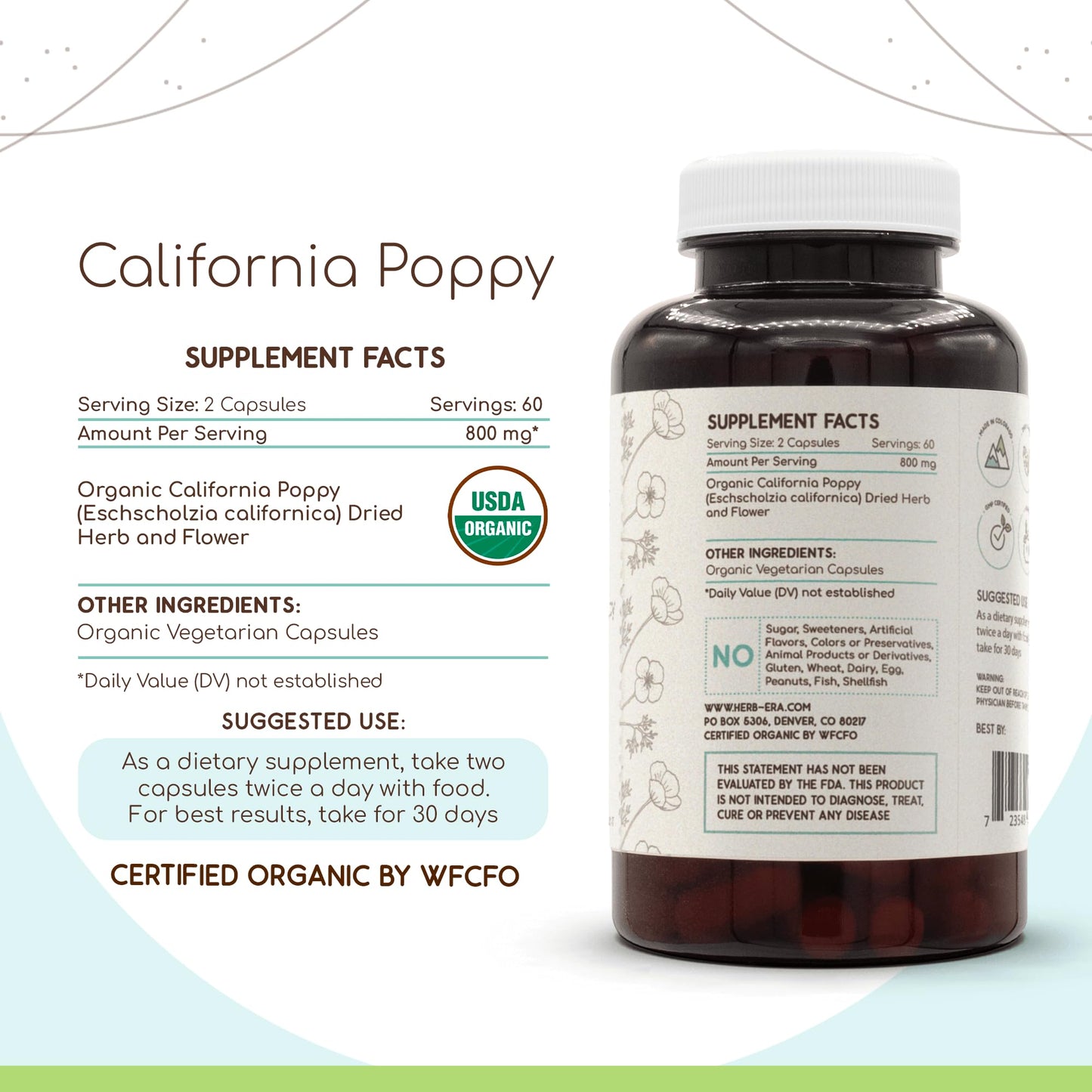 HerbEra California Poppy USDA Organic Capsules 120 Count