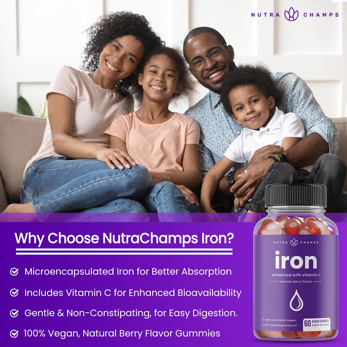 NutraChamps Iron Gummies with Vitamin C, 20mg Iron, 120 Gummies