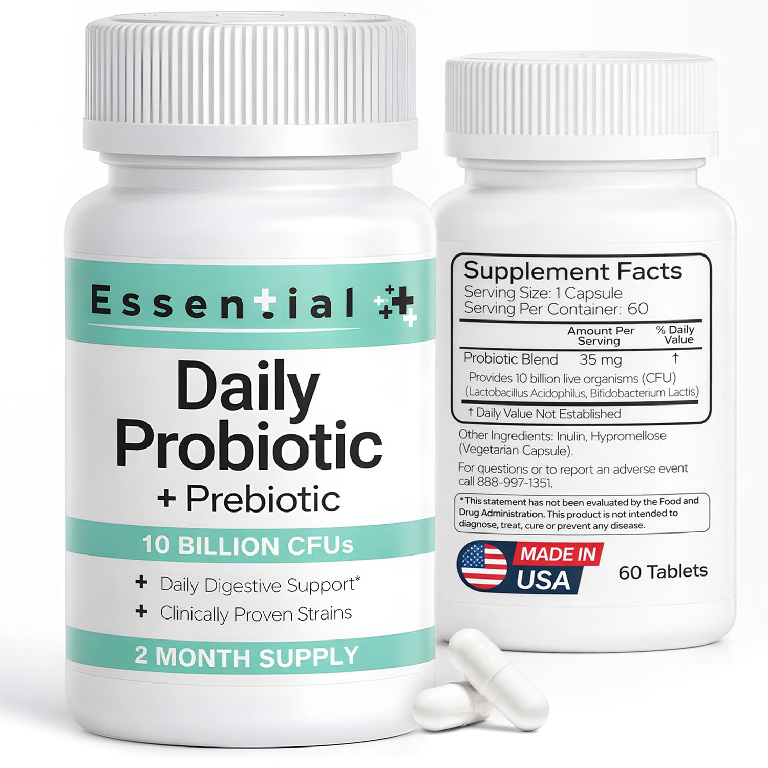 Brookfield Pharmaceuticals Essential Daily Probiotic for Men and Women 10 Billion CFU with Prebiotics & 2 Strains Probiotic Supplement for Gut Health Capsules 60 Count
