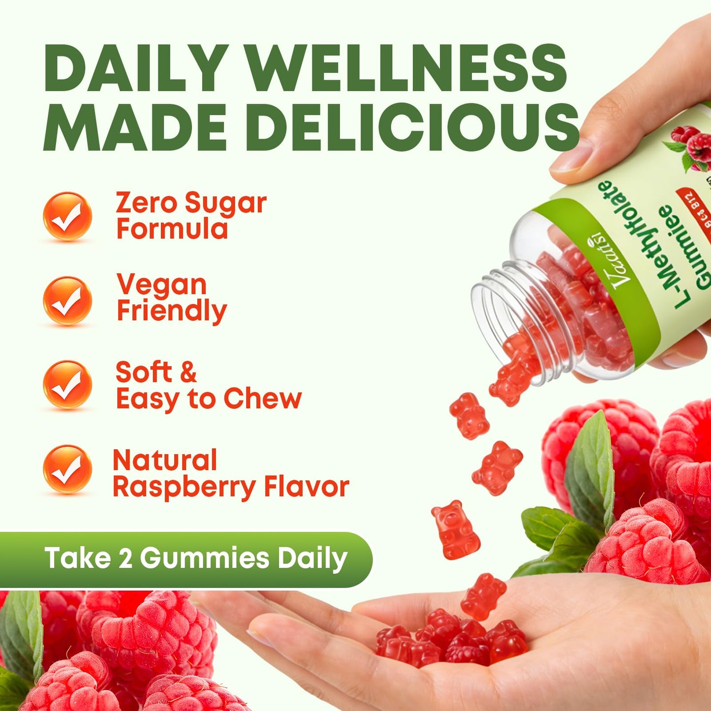 Vazatisi L-Methylfolate 15 mg Gummies with Methyl B12, Folate Supplement for Mood, Brain Health, Immune Support, Raspberry Flavor, 120 Count
