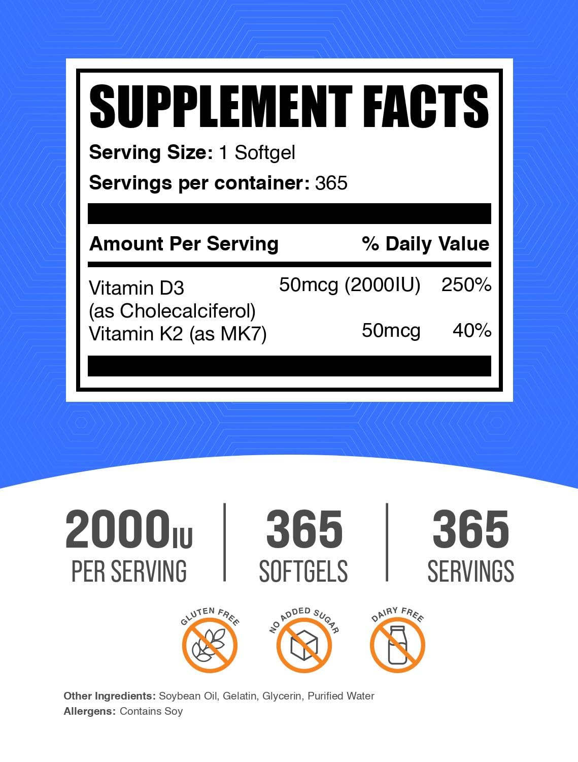 BulkSupplements Vitamin D3 + Vitamin K2 Softgels, 365 Count