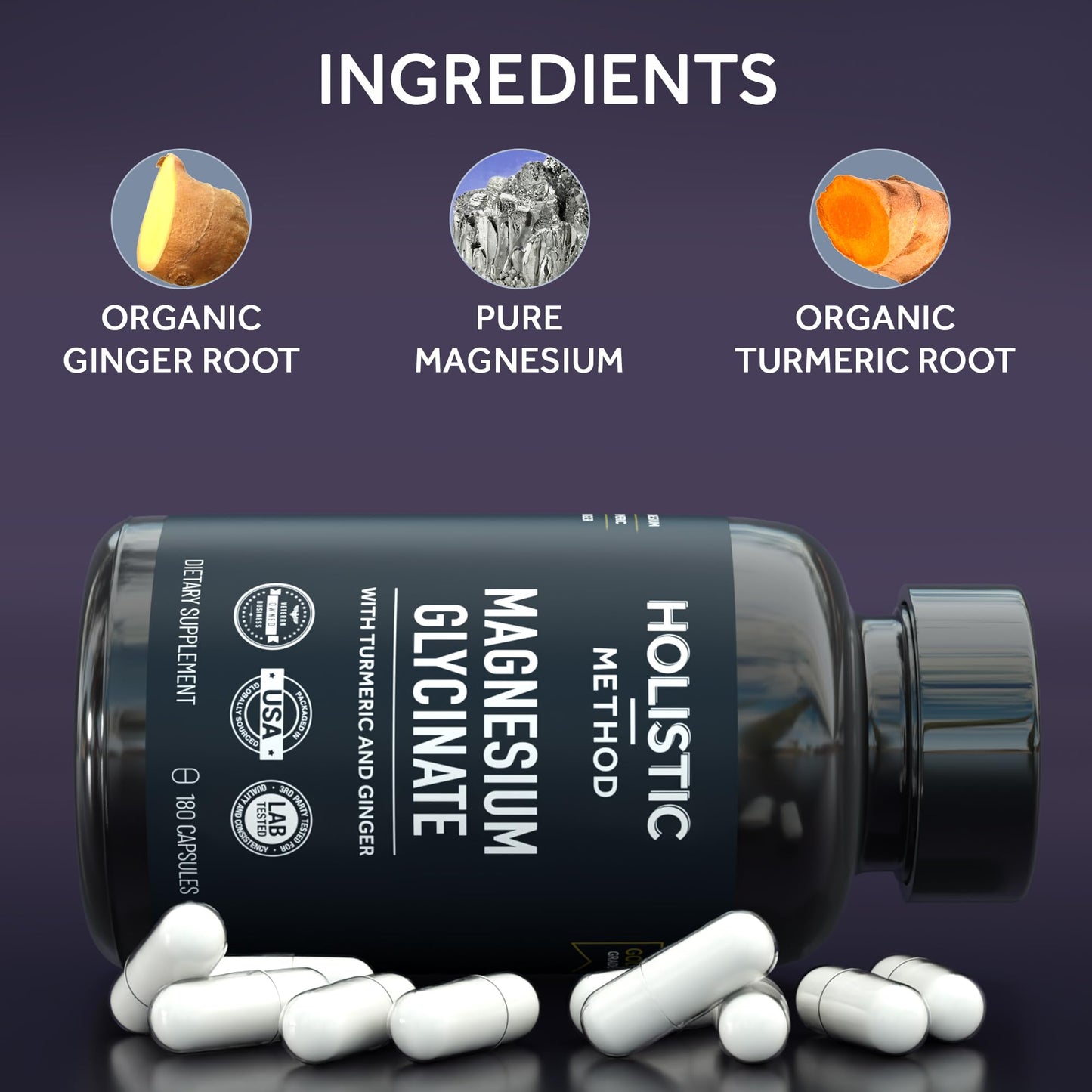 Holistic Method Magnesium Glycinate Capsules with Organic Turmeric and Ginger, 180 Capsules