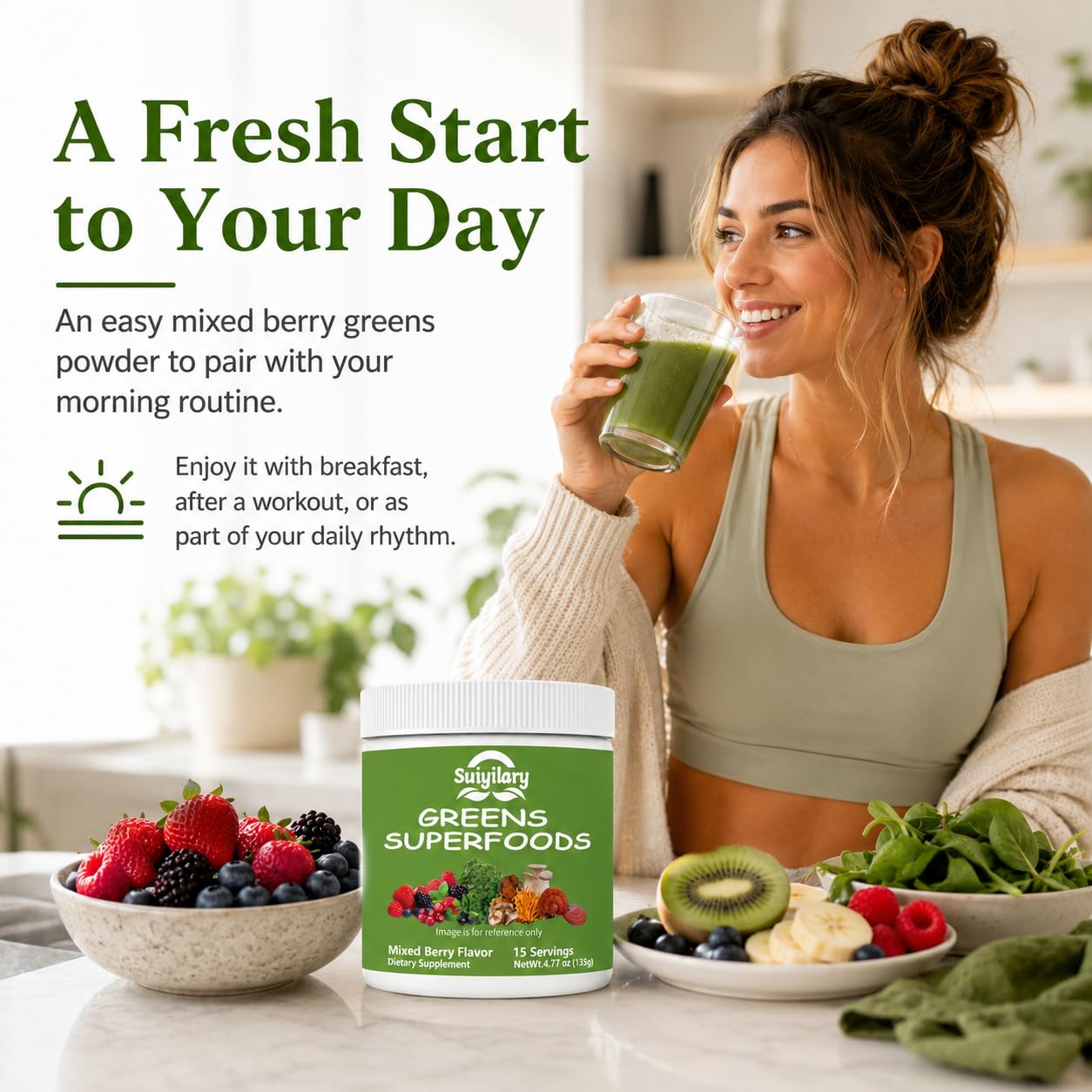 Suiyilary Greens Superfoods Powder for Digestive Health, Spirulina & Chlorella, Mixd Berry, 4.77 oz