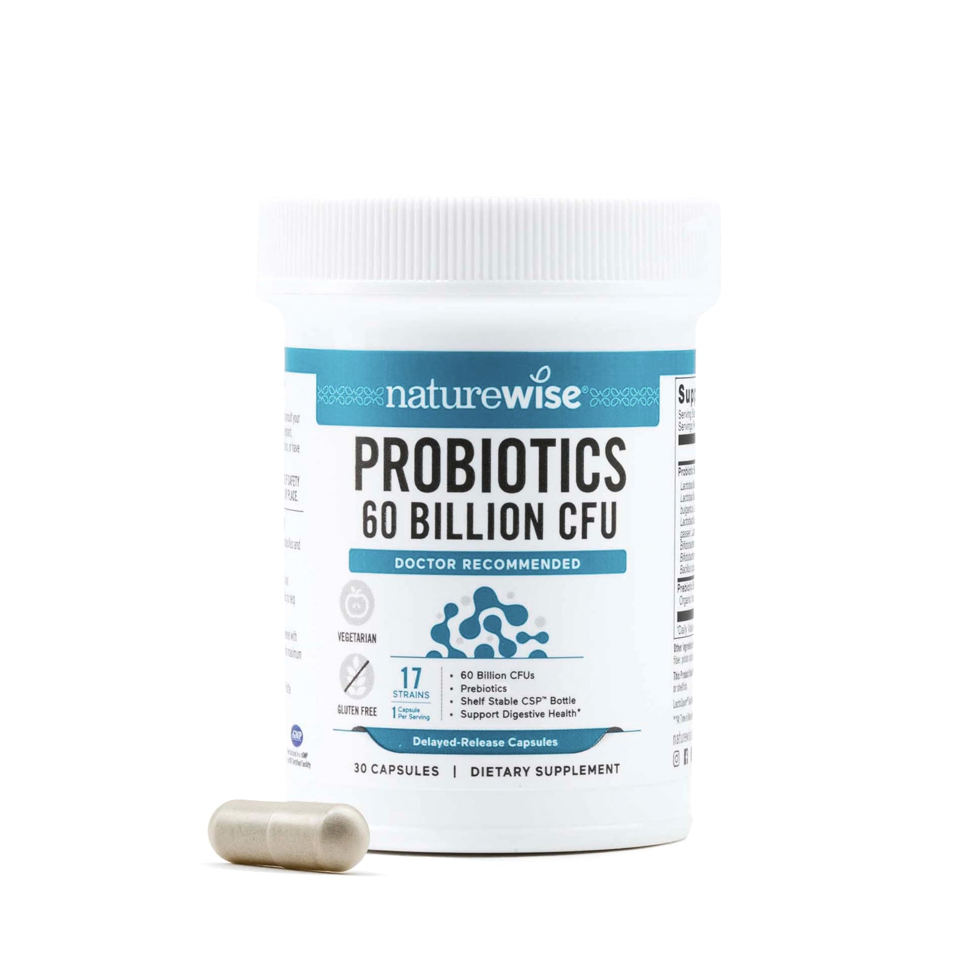 NatureWise Probiotics 60 Billion CFU - 17 Strains + Organic Prebiotics - Immune, Digestive & Gut Health Support for Women & Men - Vegetarian, Gluten-Free, Non-GMO - 30 Capsules
