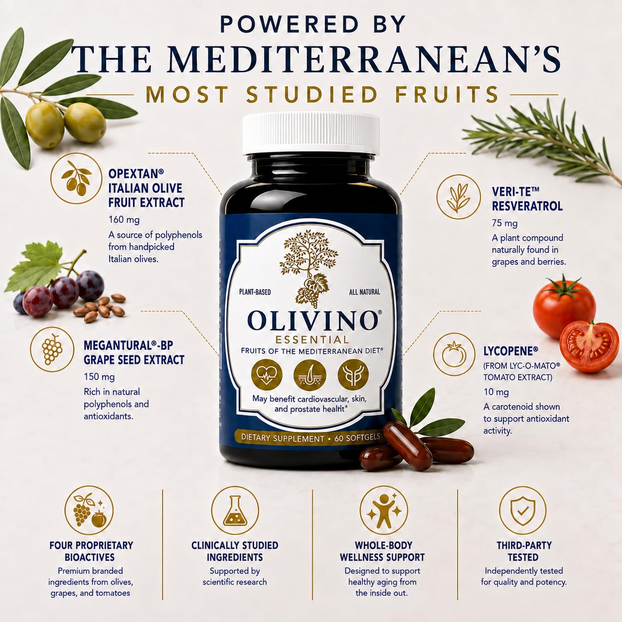 Olivino Essential Dietary Supplement - Three Key Fruits of the Mediterranean Diet Softgel 60 Count