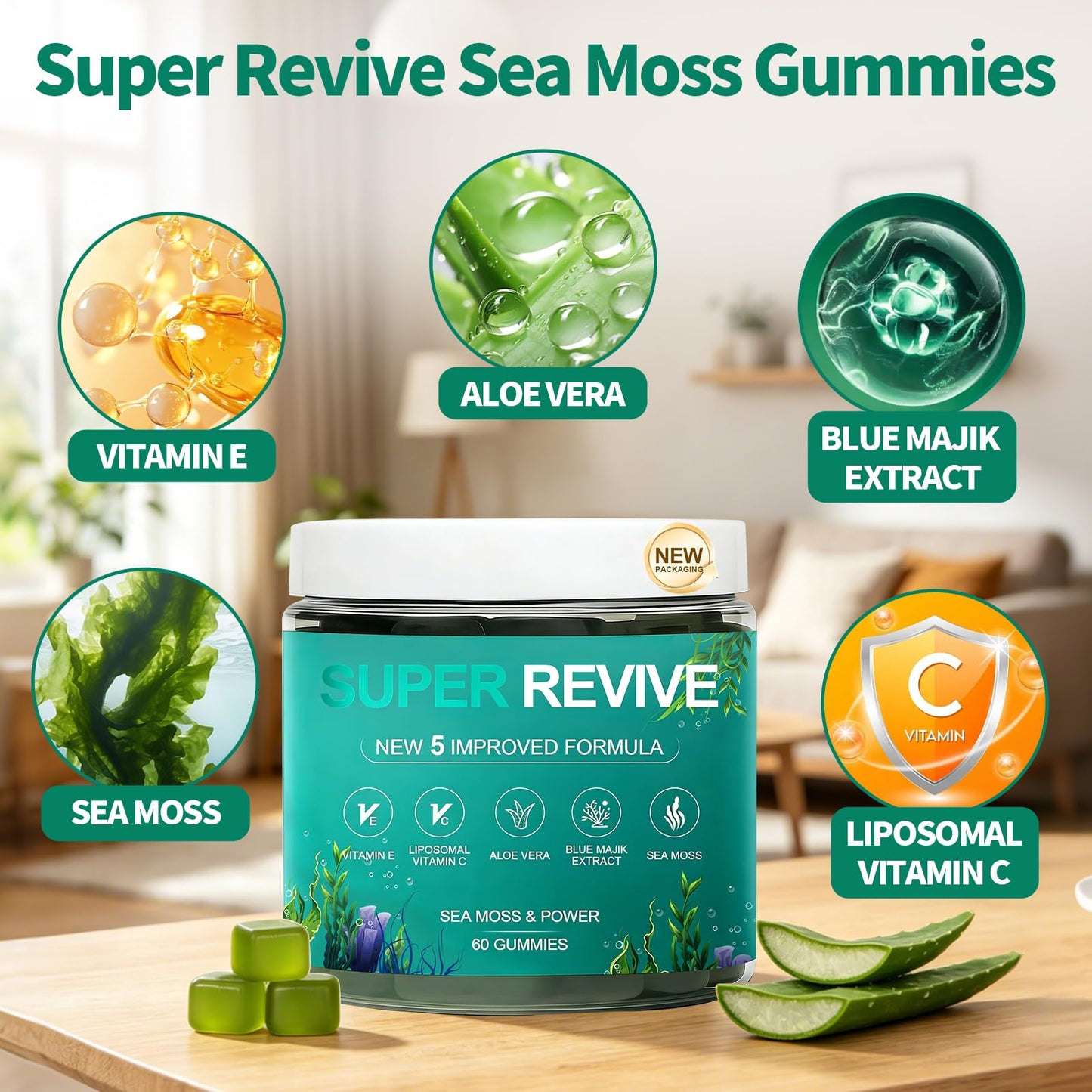 Plaxssuss Super Revive Gummies for Hair Loss Sea Moss 60 Count