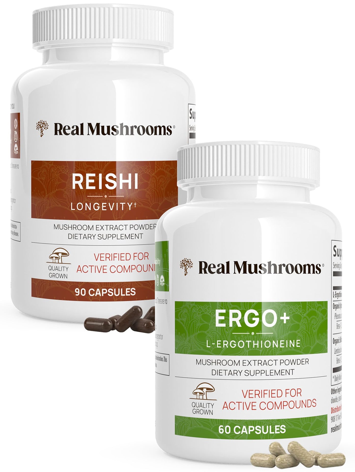 Real Mushrooms Ergothioneine and Reishi 415 Bundle Capsules, 2 Count