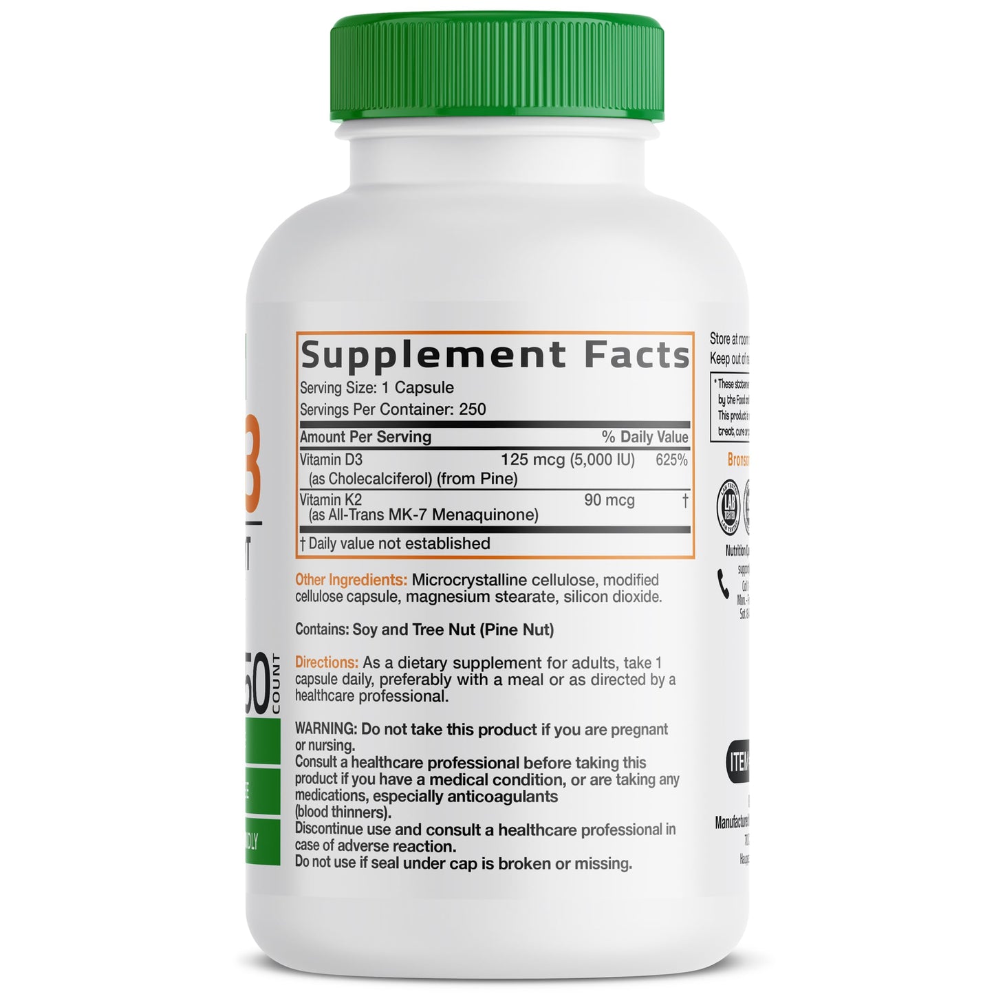 Bronson Vitamin K2+D3 2 in 1 Capsule 250 Count