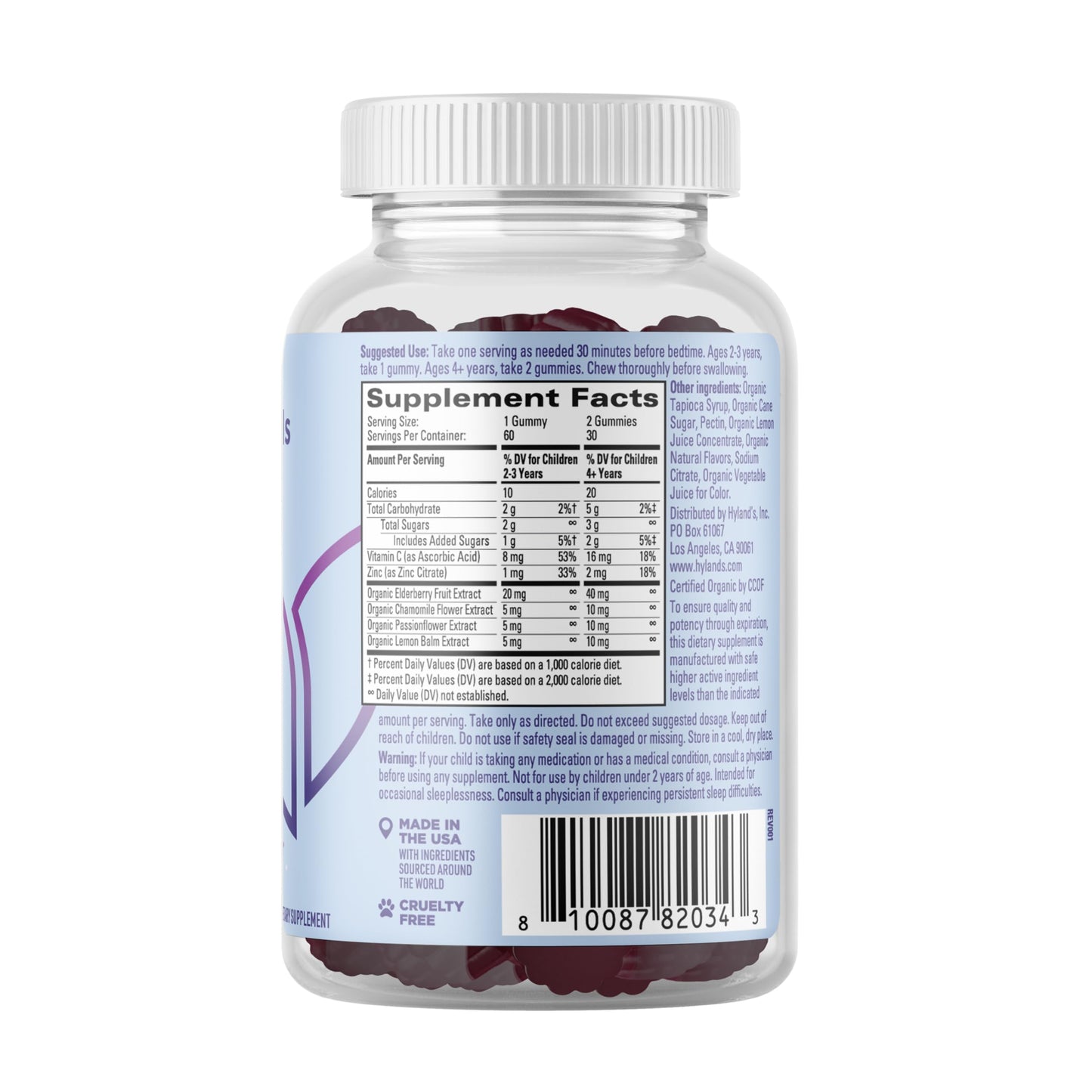 Hyland's Kids Melatonin Free Organic Sleep Aid Gummies with Calm & Immune Support - with Vitamin C, Zinc, Elderberry, Lemon Balm & Chamomile, Helps with Sleeplessness & Restlessness, 60 Vegan Gummies