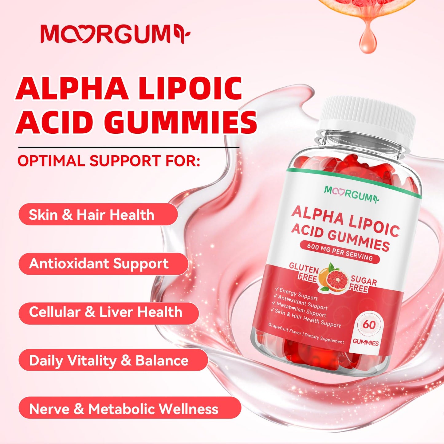 MOORGUMY Alpha Lipoic Acid 600mg Gummies, 60 Count