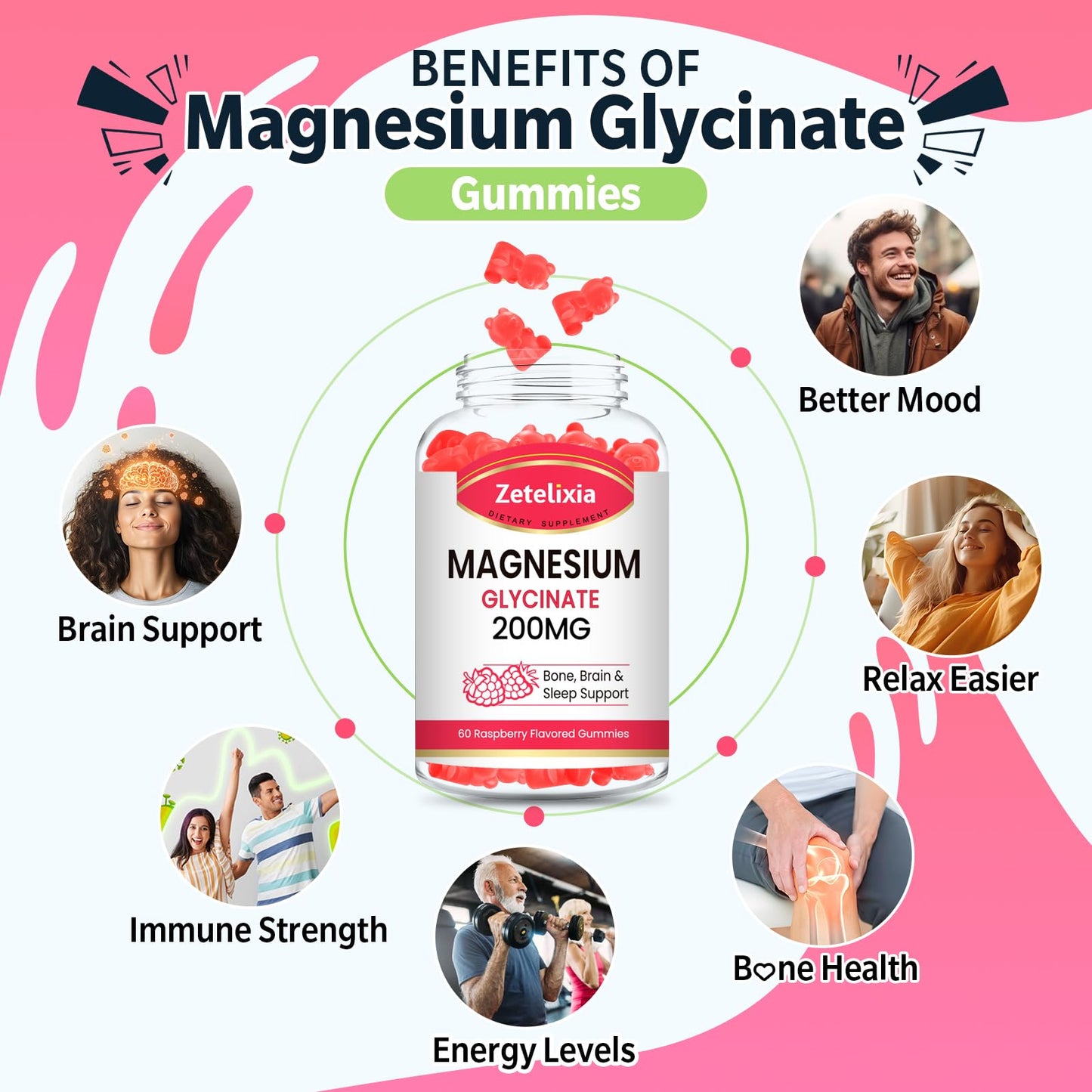 Zetelixia Magnesium Glycinate Gummies, High Absorption Magnesium Glycinate Supplements for Relaxation, Raspberry Flavor, 120 Count