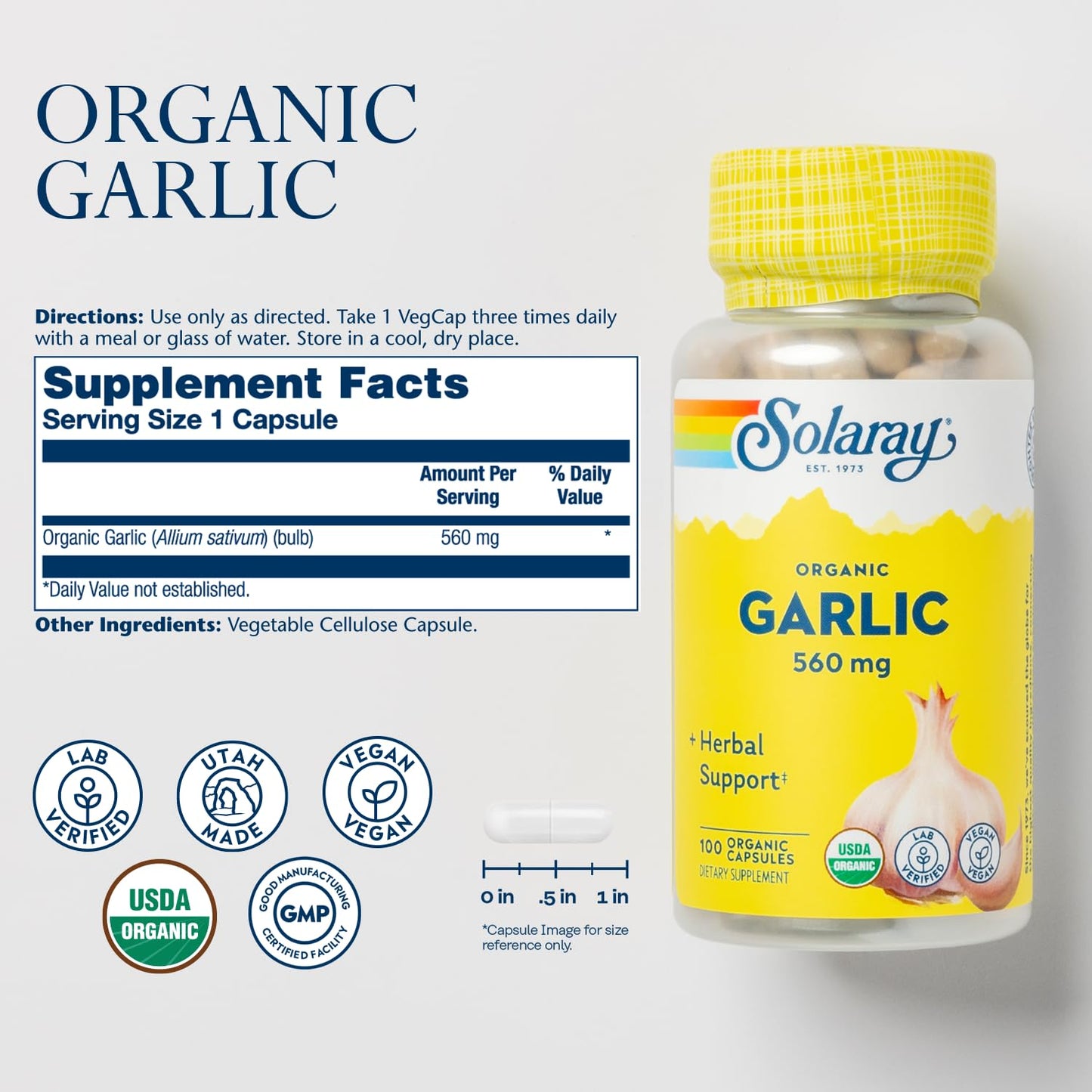Solaray Organic Garlic 560 mg Capsule, 100 Count