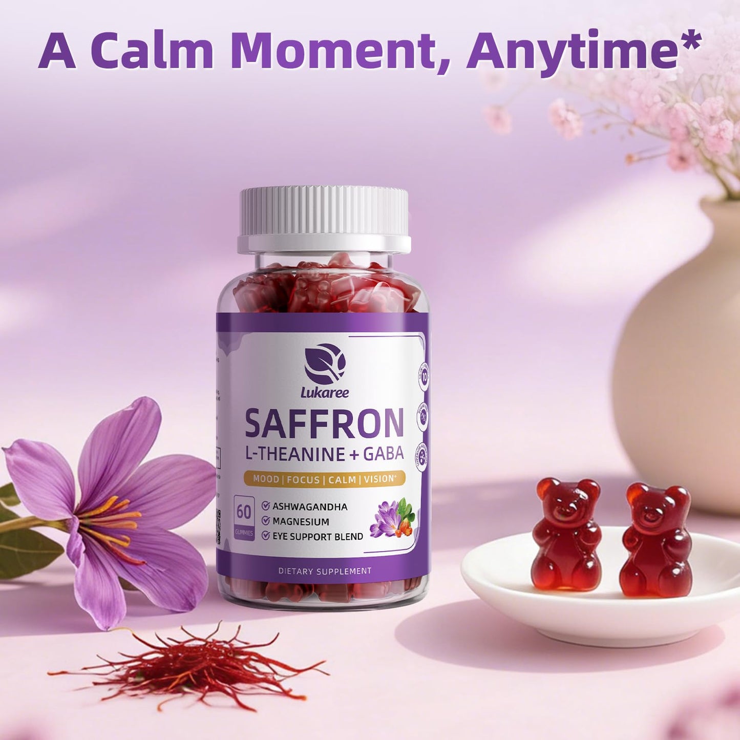 Lukaree 10-in-1 Saffron Gummies with L-Theanine 200mg, GABA, Ashwagandha, Turmeric, Lutein, Zeaxanthin & Astaxanthin for Mood, Focus & Eye Support, 120 Gummies