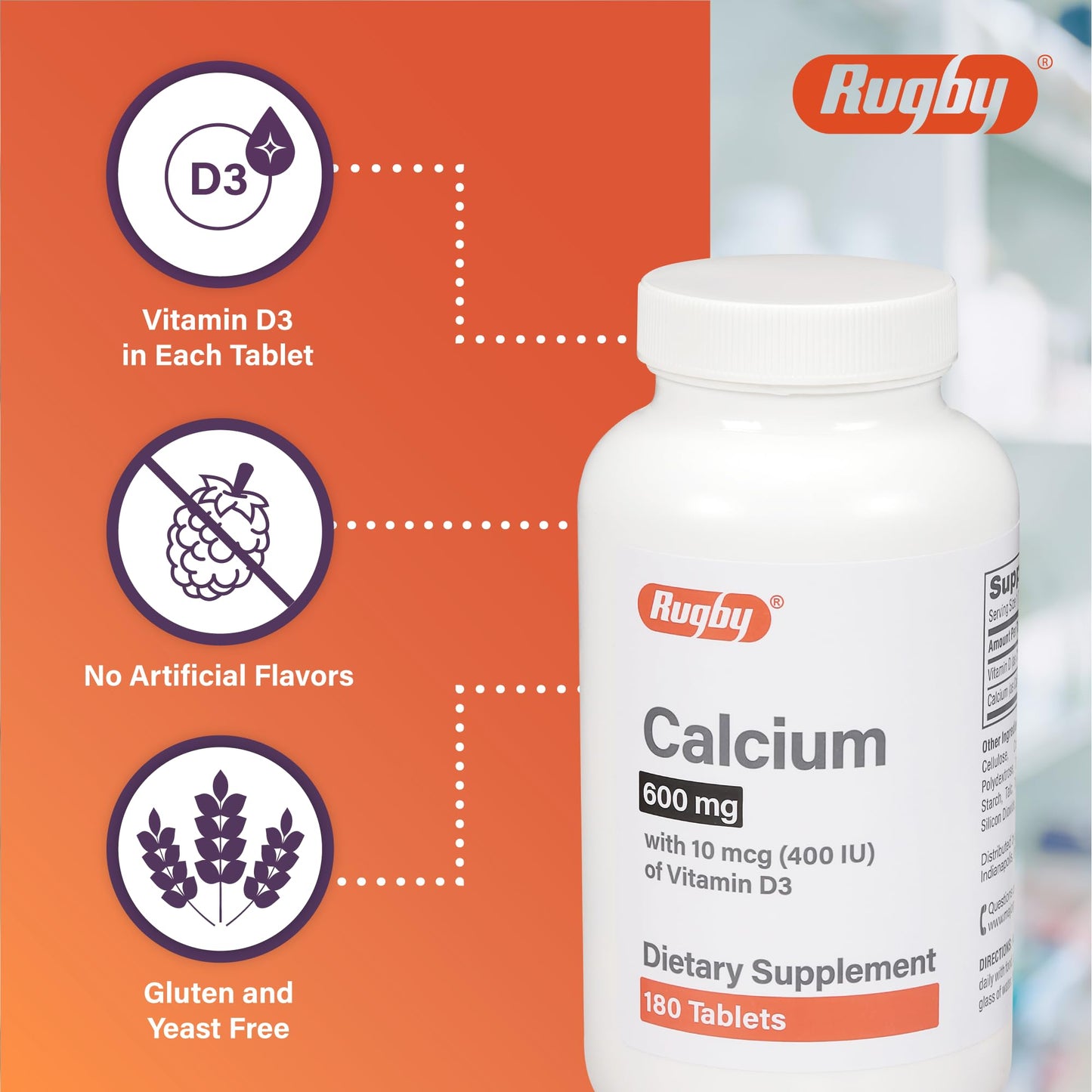 Rugby Laboratories Calcium Tablets 600mg with Vitamin D3 400IU (10mcg) 180 Tablets