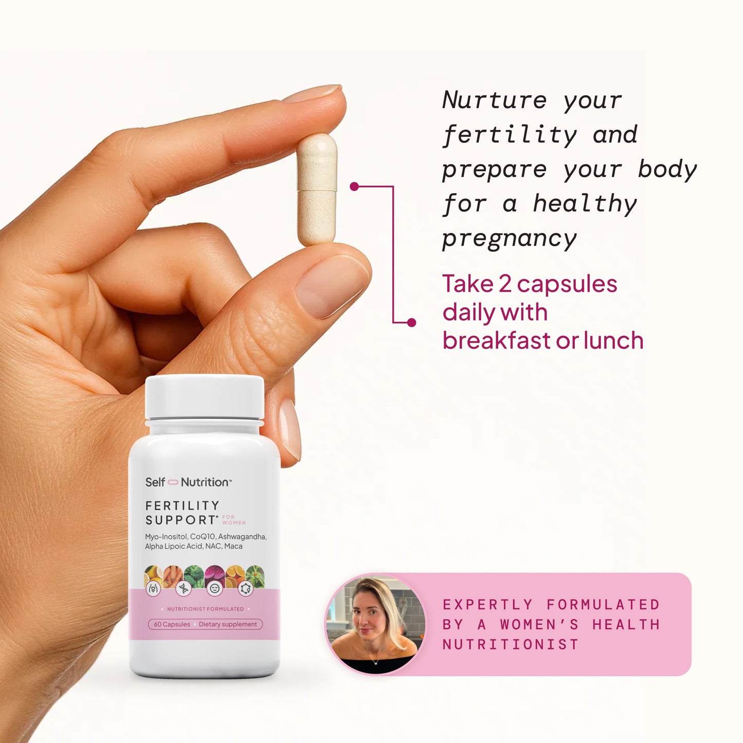 SELF NUTRITION Fertility Support for Women Conception for Her, Coenzyme Q10, Ashwagandha, Myo-Inositol & More, Supports Cycle Regularity & Ovulation, Vegan, Non-GMO, USA Made, 60 Capsules