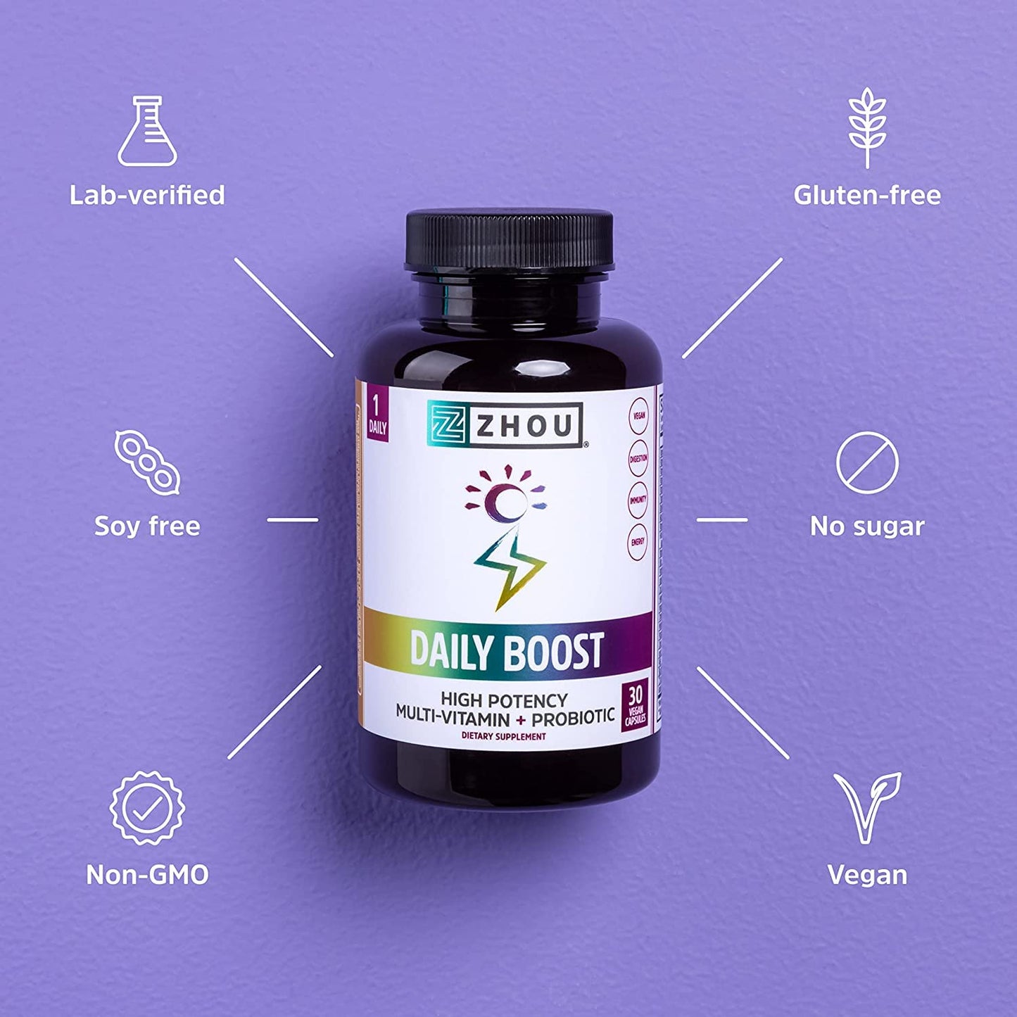 ZHOU Daily Boost Multivitamin with Probiotic, Zinc, Vitamin C, D3, B Complex Capsules, 60 Count