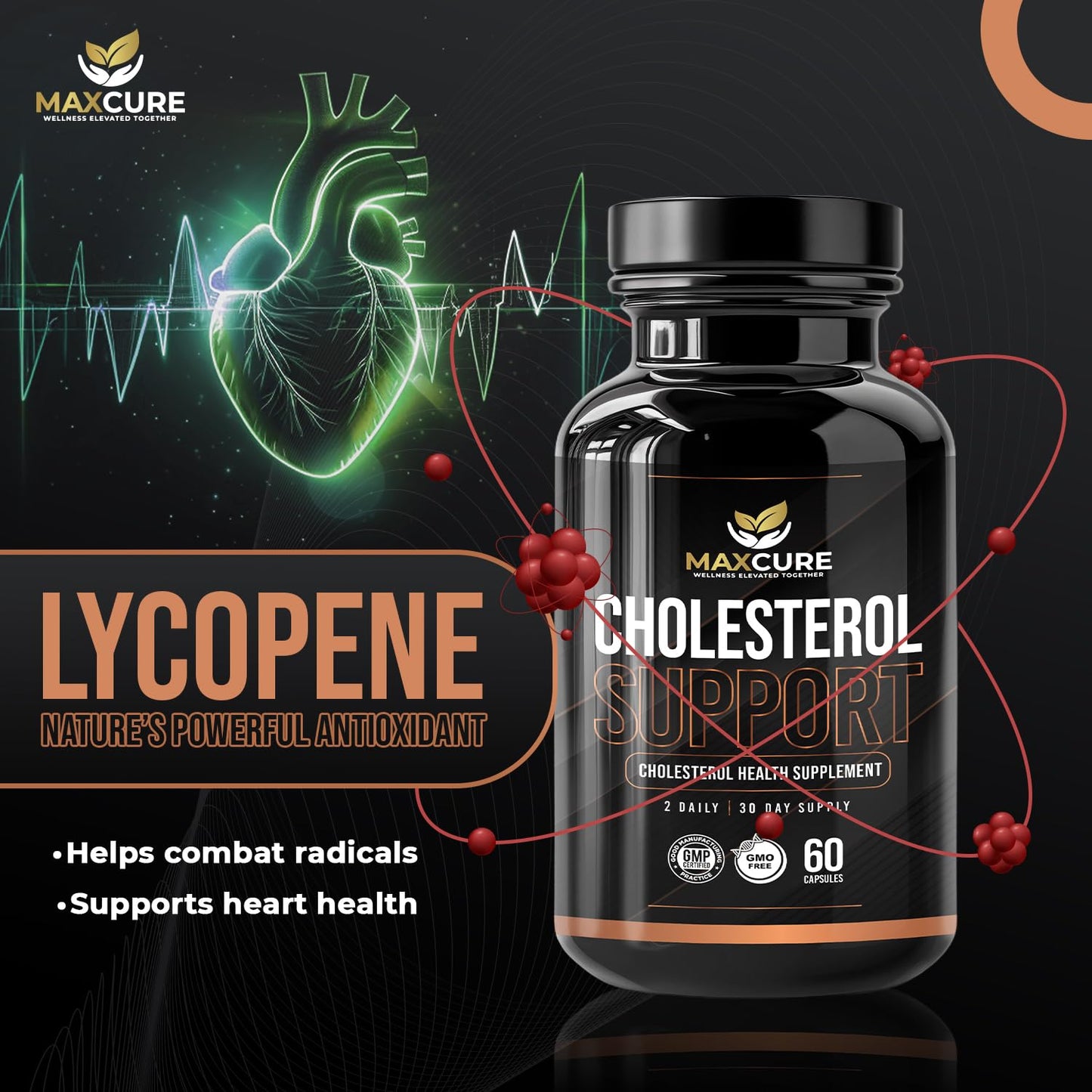 MAXCURE Cholesterol Support Vitamin B3, Red Yeast Rice Extract, Lycopene Capsules 60 Count