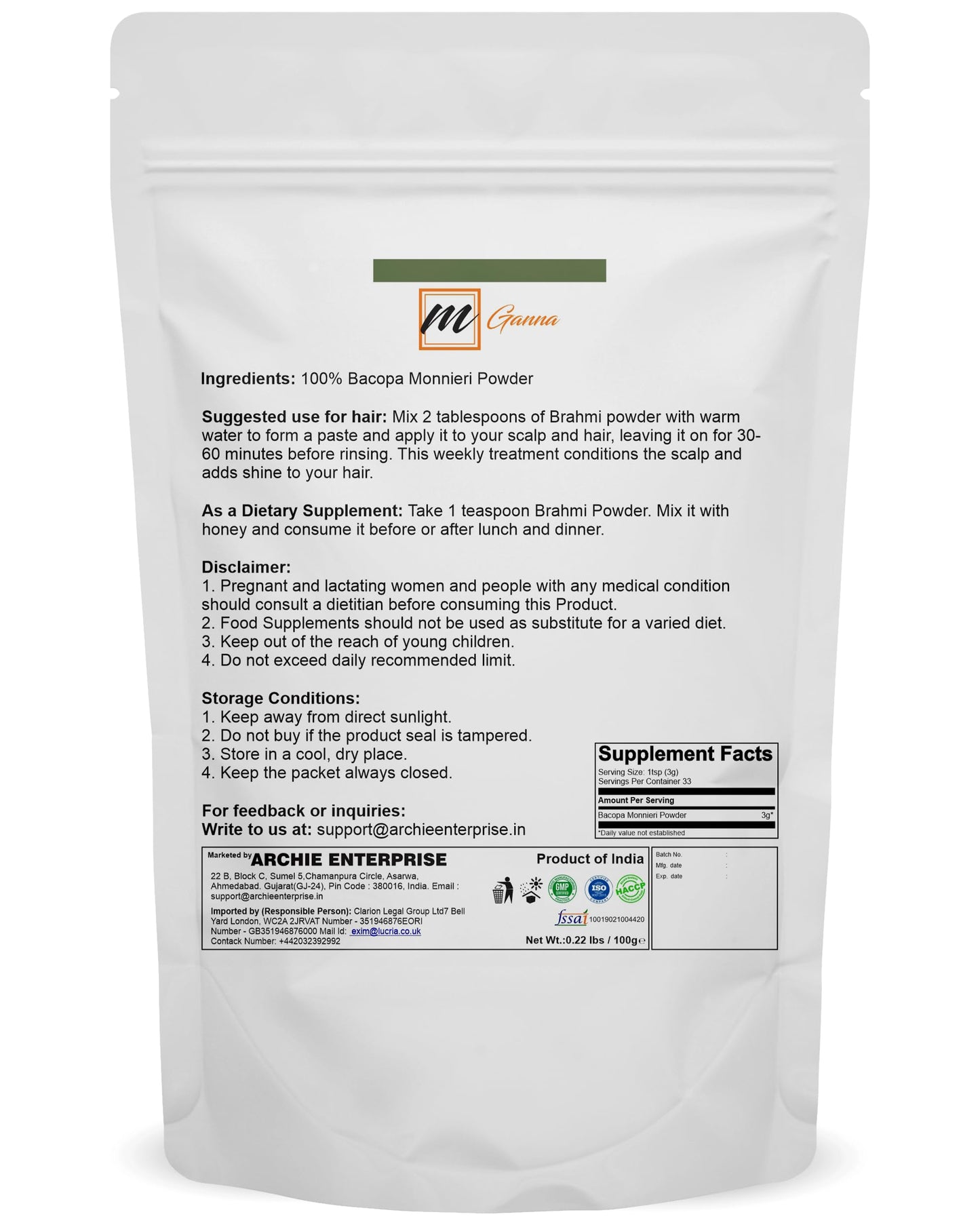 mGanna 100% Pure and Natural Brahmi Powder, 3.52 Ounce