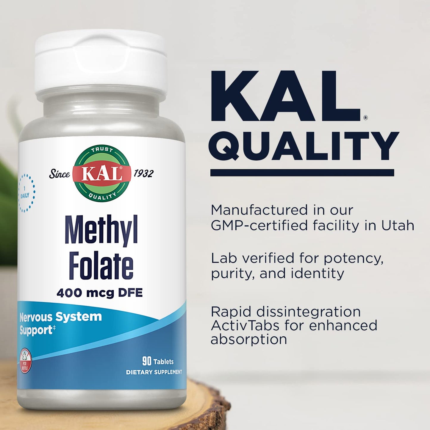 KAL Methyl Folate 400 mcg 5-MTHF Active Form Tablet, 90 Tablets