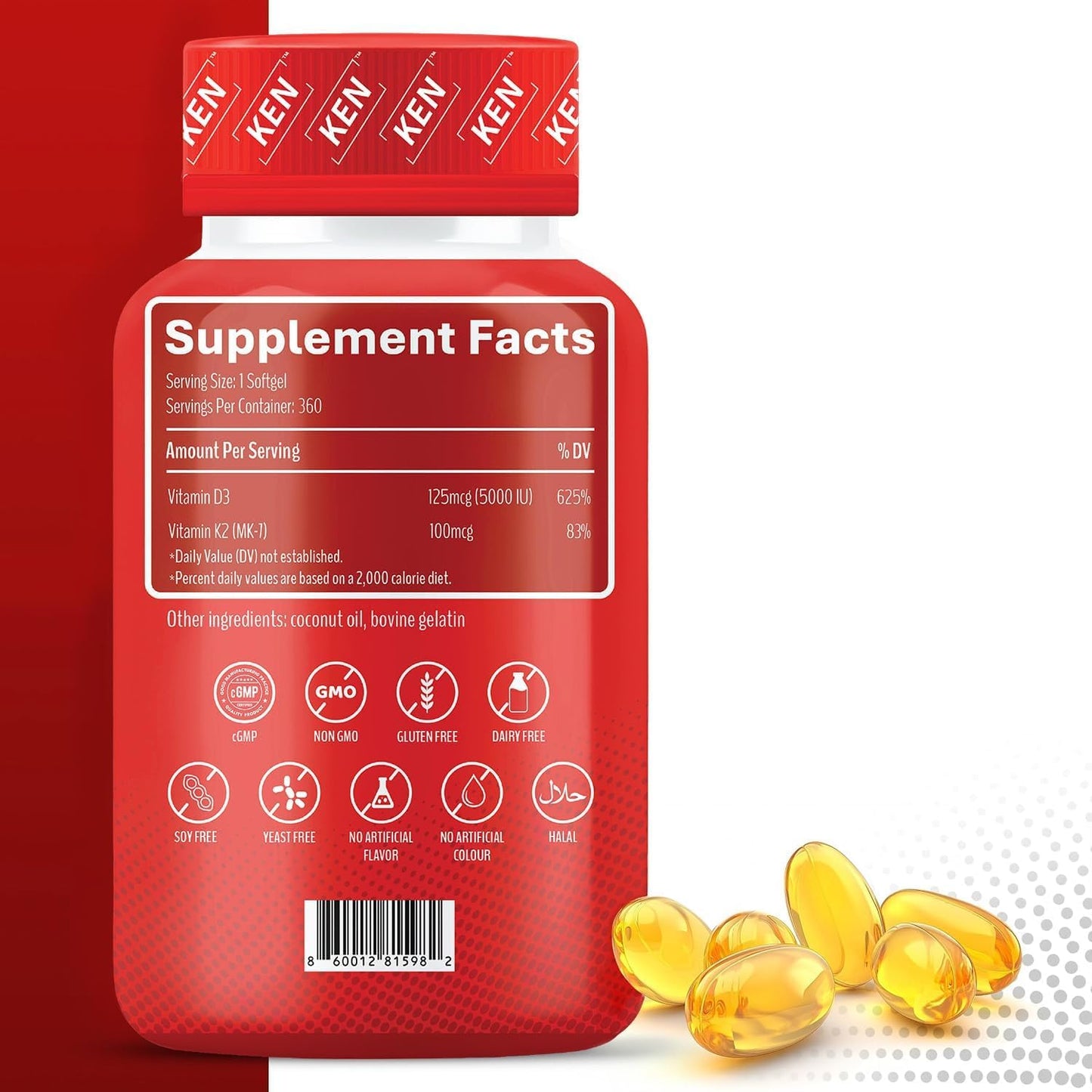 KEN Liposomal Vitamin D3 5000 IU + K2 (MK7) 100 mcg 360 Softgels