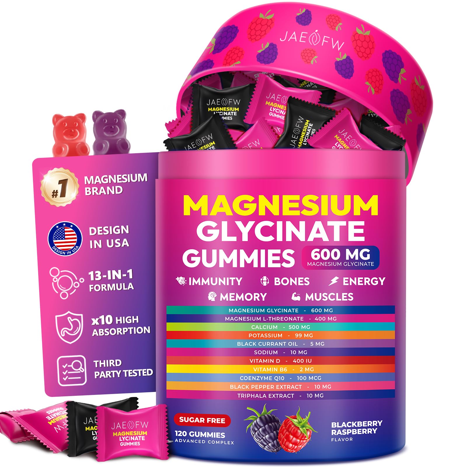 JAENFW Magnesium Glycinate Gummies 600mg – High Absorption Dual Magnesium Complex, 120 Gummies
