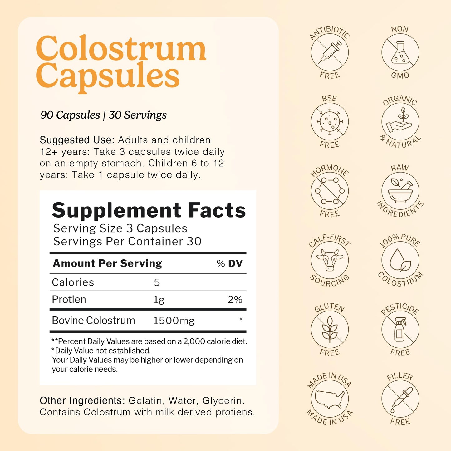 Immune-Tree 100% Pure Bovine Colostrum (Grass-Fed) High IgG for Immune Support & Gut Health, Anti-Aging Colostrum Supplement for Adults & Kids, Capsules, 90 Count