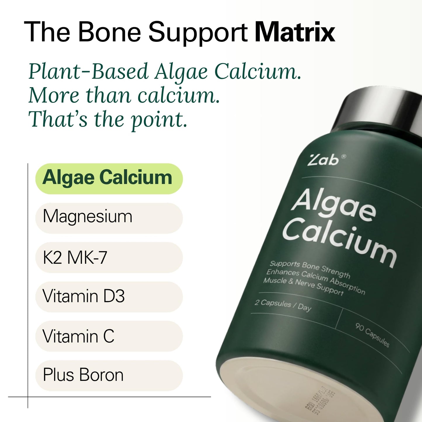 ZAB Algae Calcium Supplement Plant Based with Vitamin D3 & K2 MK7 Magnesium Calcium Complex 90 Capsules