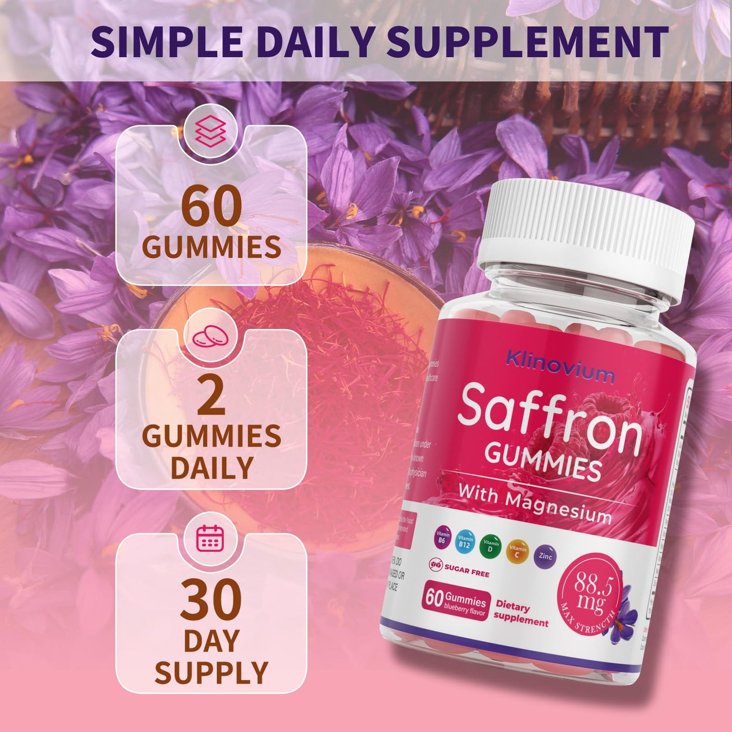 Klinovium Saffron Gummies with Saffron 88.5mg + Magnesium Glycinate 300mg, 60 Count