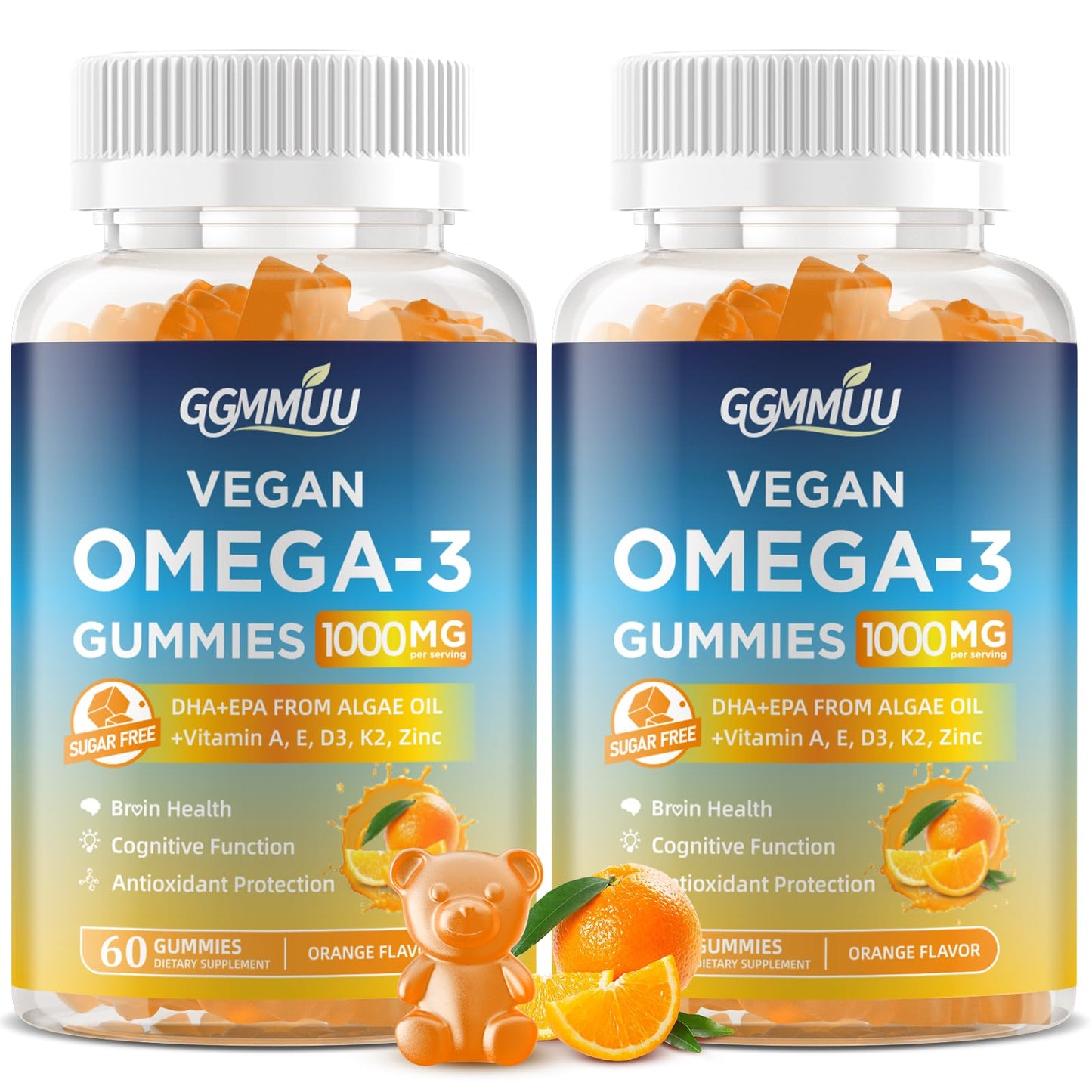 GGMMUU Vegan Omega-3 Gummies with Algal Oil, DHA 600mg & EPA 300mg, 120 Gummies