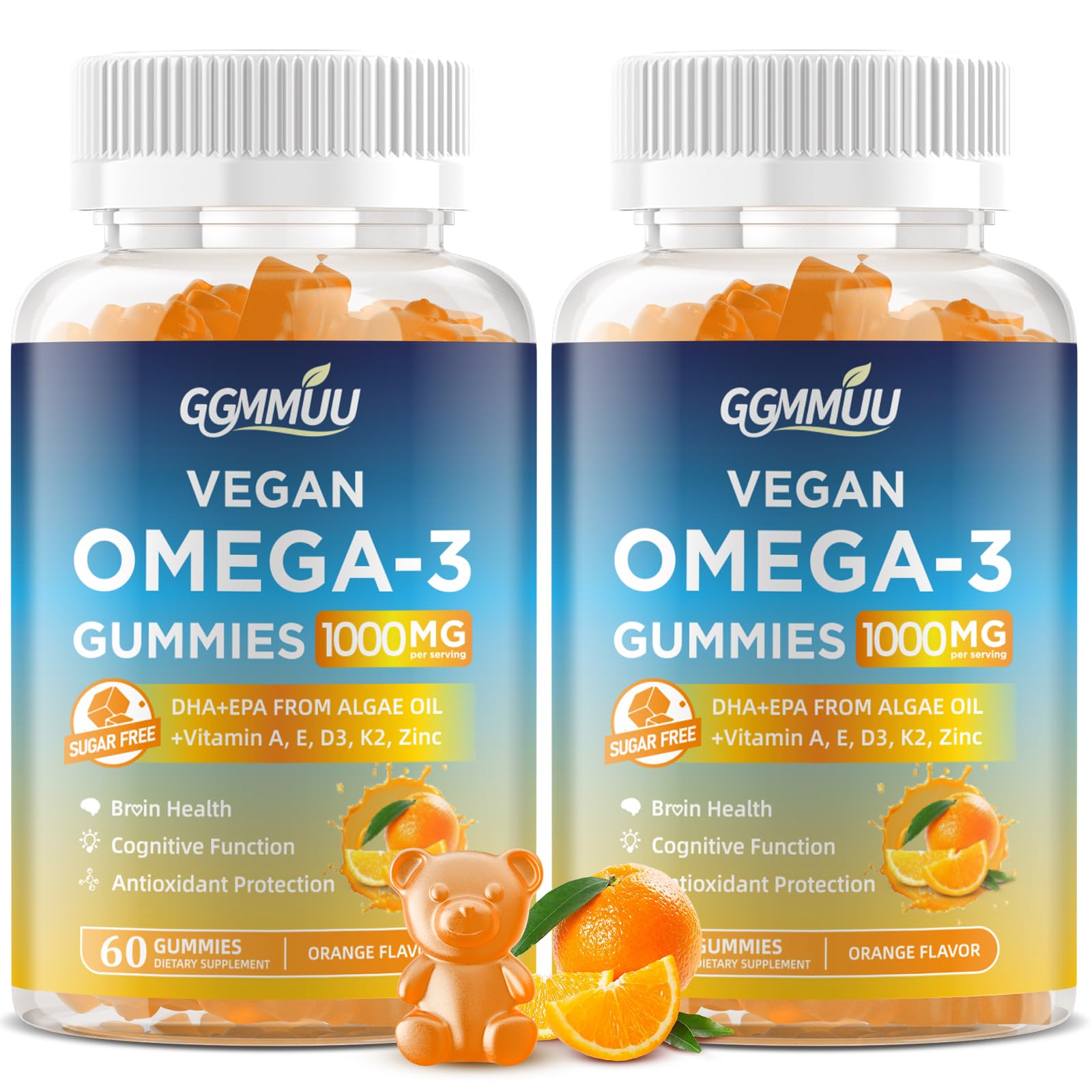 GGMMUU Vegan Omega-3 Gummies with Algal Oil, DHA 600mg & EPA 300mg, 120 Gummies