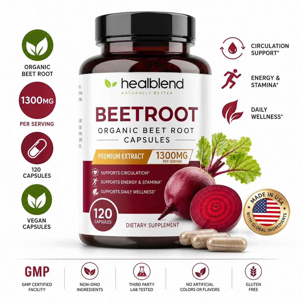 Healblend Organic Beet Root Capsules 120 Count
