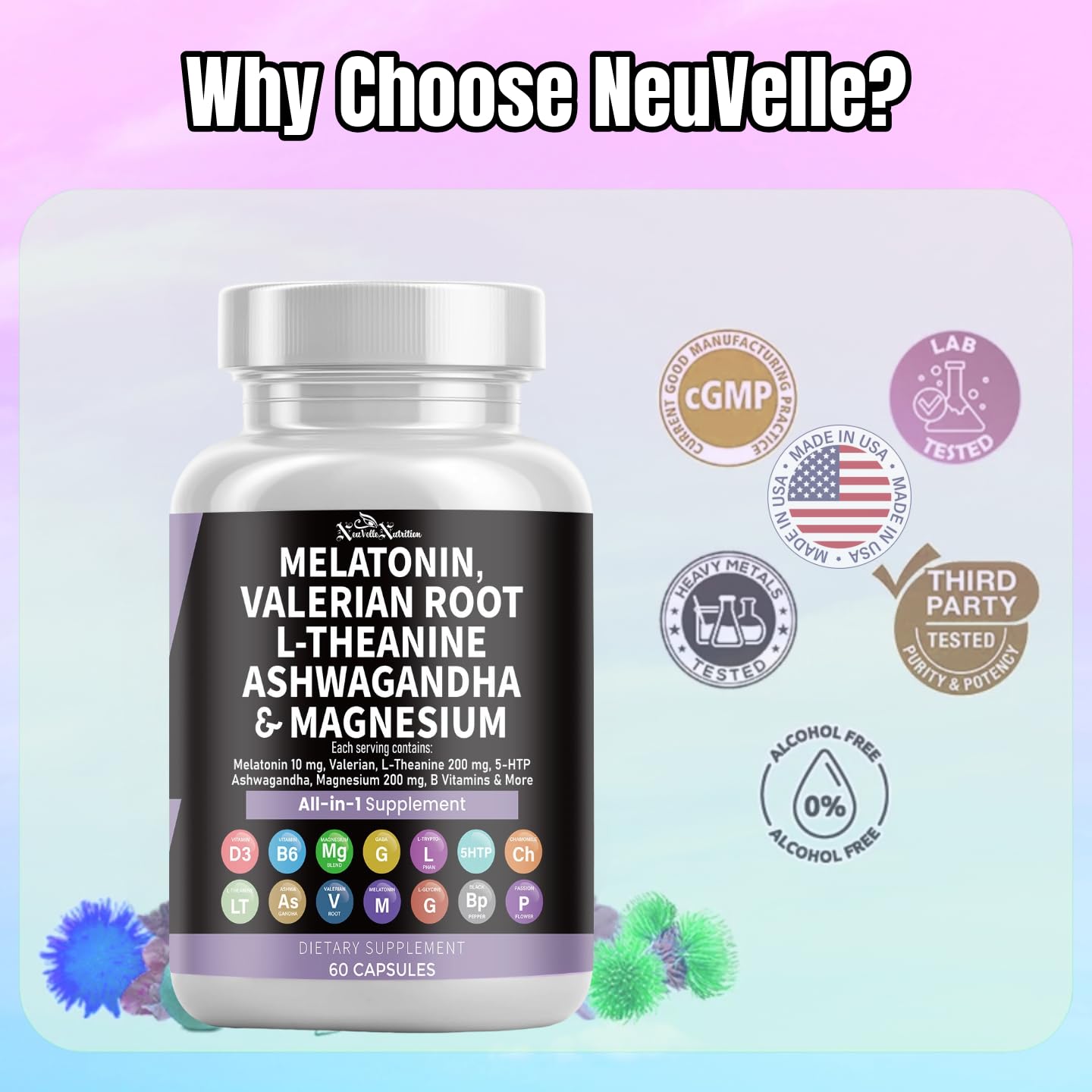 NeuVelleNutrition Melatonin Capsules with Valerian Root, Ashwagandha, L-Theanine, Magnesium, 5-HTP, GABA, Chamomile, Lemon Balm, Passion Flower, Griffonia Extract, Vitamin C & L-Glycine Supplement, 60 Count