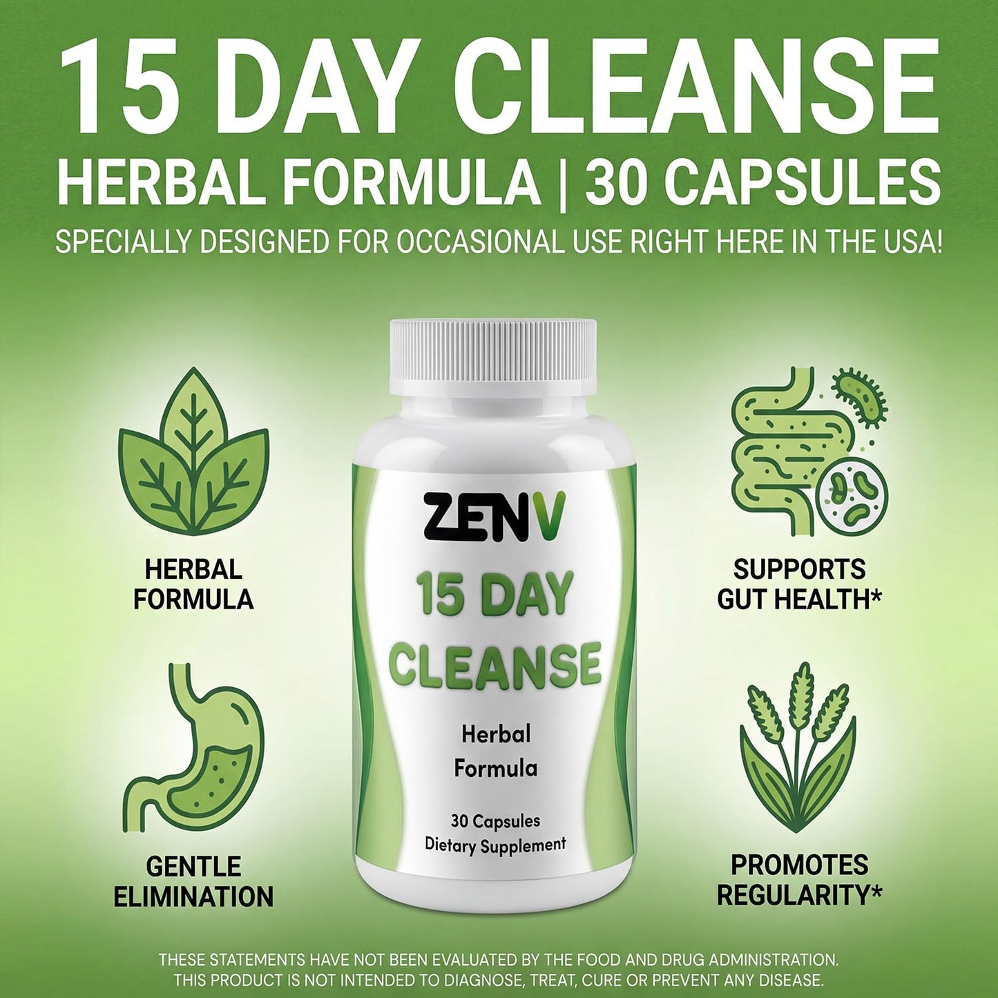 ZENV 15 Day Cleanse Advanced Gut Reset - Natural Digestive Support with Senna Leaf & Cascara Sagrada Plant-Based Capsules, 30 Count