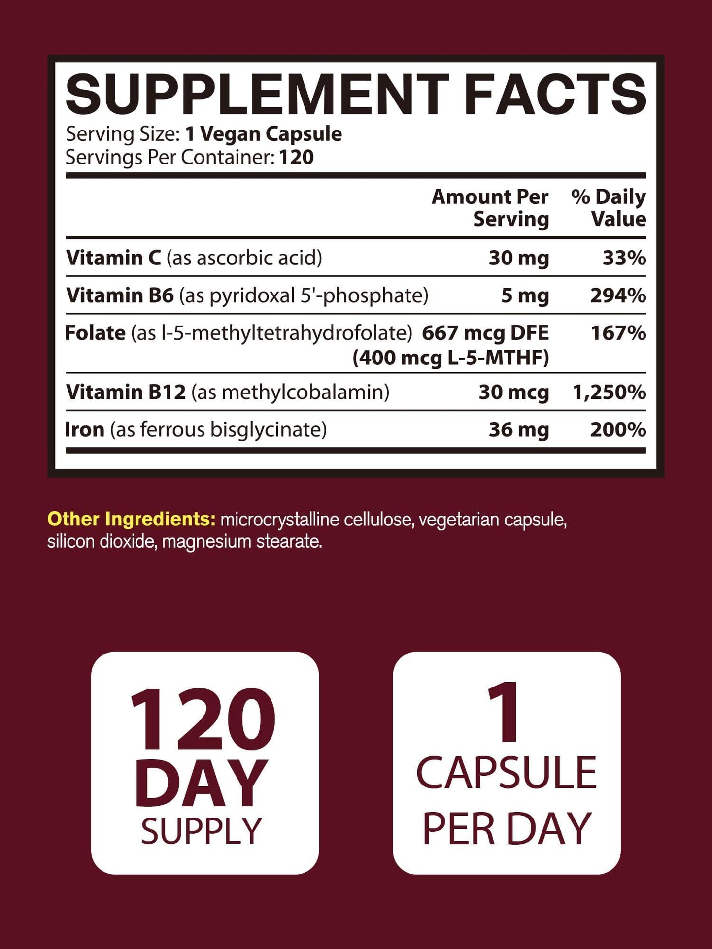 Vitacook Iron Supplement for Women & Men, Iron Bisglycine with Vitamin C, B6, B12, Folate, Capsule, 120 Count