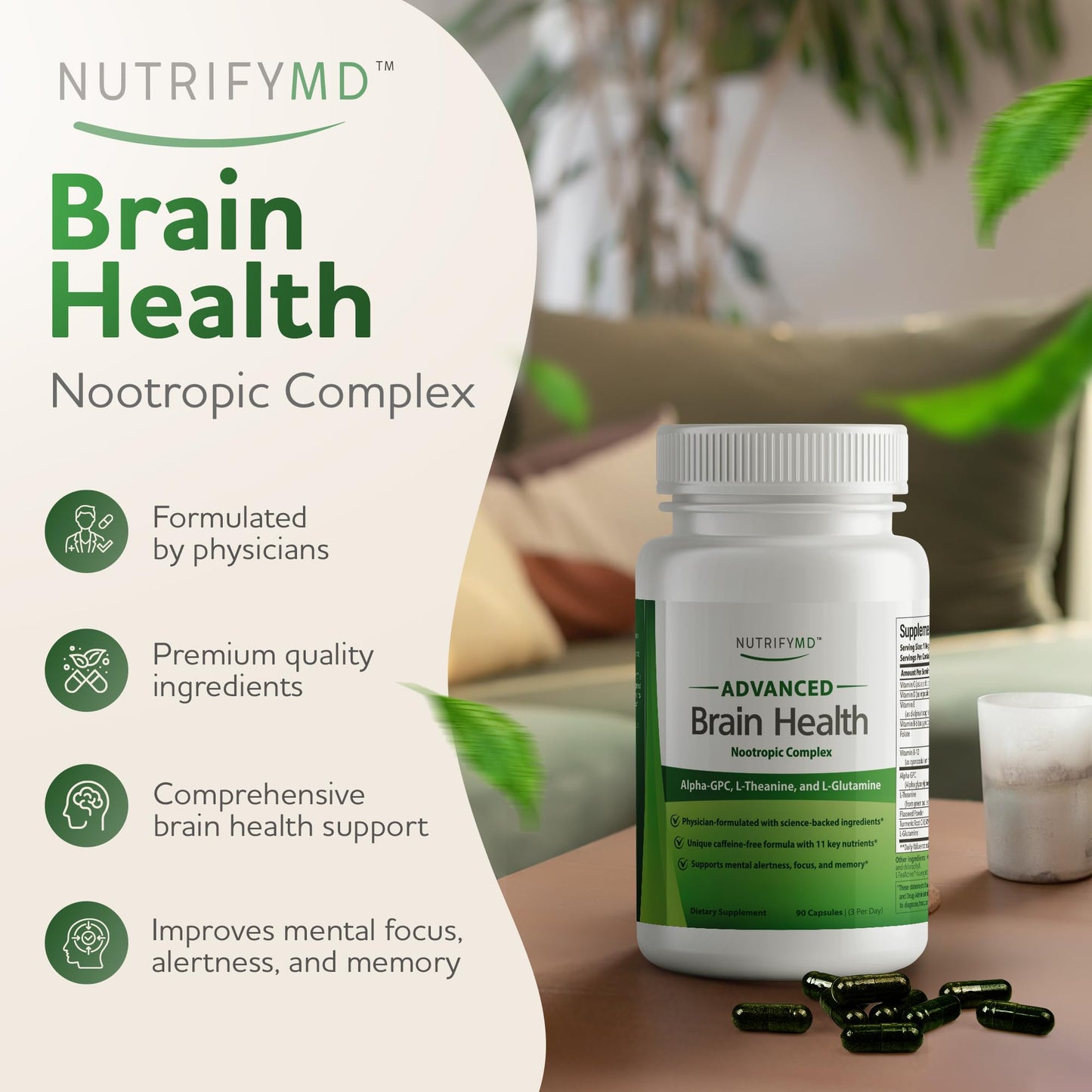 NutrifyMD Advanced Brain Health Supplement with Alpha GPC, L-Theanine, L-Glutamine for Memory and Focus, 90 Capsules