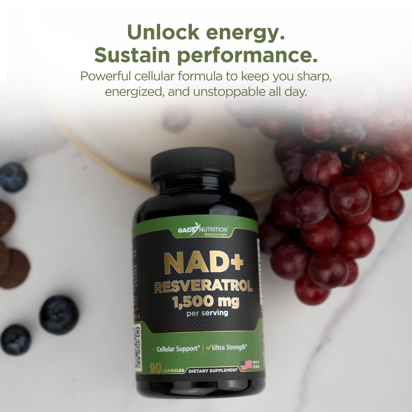 GADE NUTRITION BOOST YOUR HEALTH NAD Supplement with Resveratrol Nicotinamide Plus, 90 Capsules