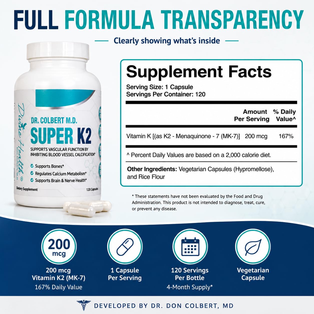 Divine Health Dr. Colbert, MD Super K2 MK-7 Vitamin K2 200mcg Capsules, 120 Capsules