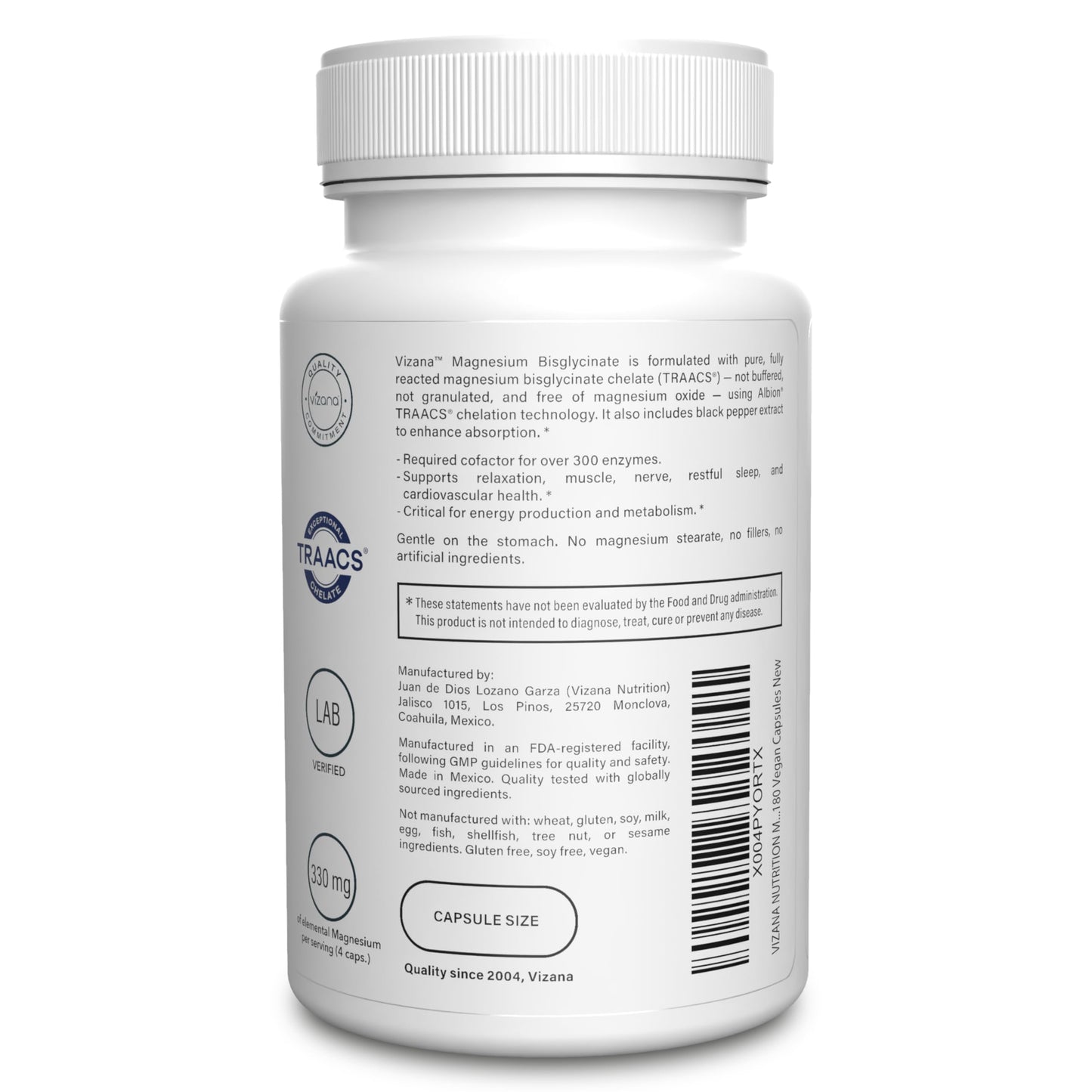 Vizana Nutrition Magnesium Bisglycinate 100% Pure Albion TRAACS Chelate 330mg Elemental Magnesium, 180 Capsules