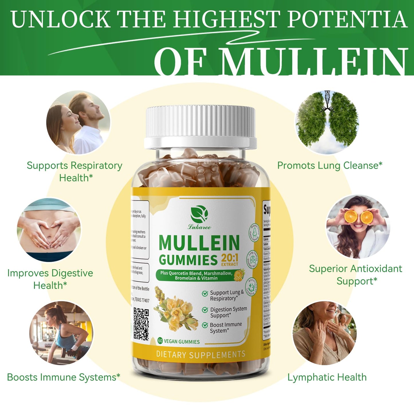 Lukaree Mullein Gummies for Lung Cleanse & Lymphatic Drainage, 120 Gummies