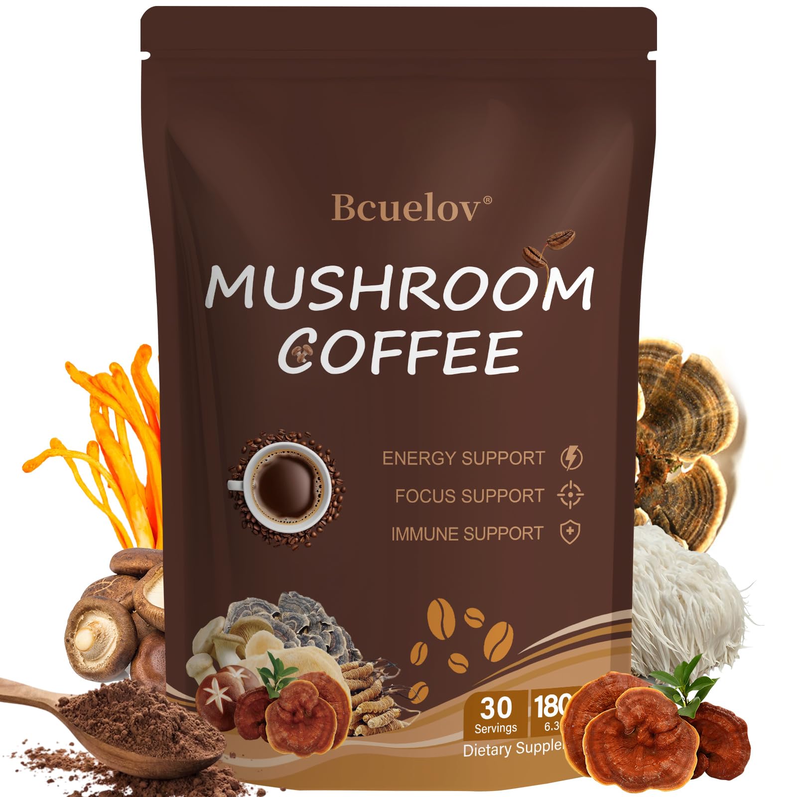 Bcuelov Mushroom Coffee Powder with 6 Adaptogenic Mushrooms (Cordyceps, Lion’s Mane, Shiitake, Turkey Tail) and MCT Oil for Energy, Focus, Immune Support, 6.35 Ounce