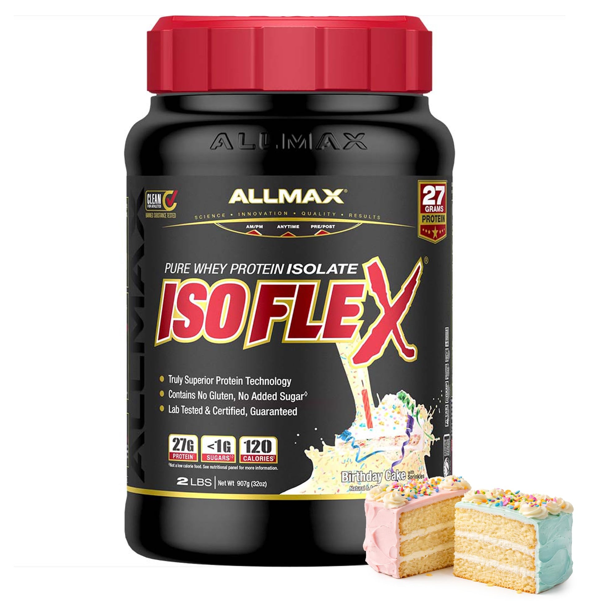 ALLMAX ISOFLEX Pure Whey Isolate Protein Powder - Birthday Cake Flavor, 32 Servings, Gluten Free, Low Lactose, Sugar-Free - High-Protein, Clean, Keto-Friendly, 2 lb