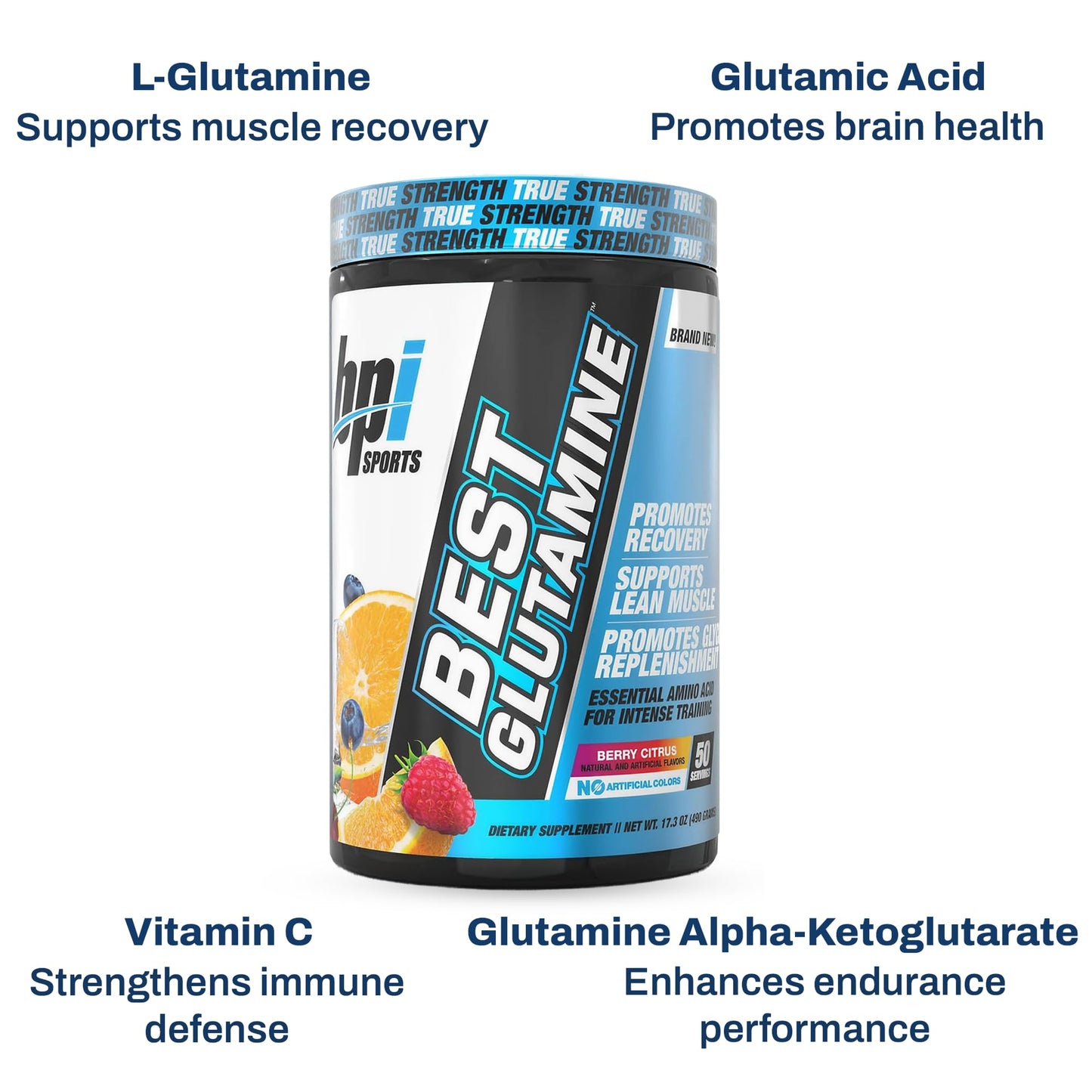 BPI Sports Best Glutamine Supplement, L-Glutamine Powder for Gut Health, Muscle Recovery and Immune Support – 6 Advanced Glutamine Types + Vitamin C – Berry Citrus Flavor, 17.3