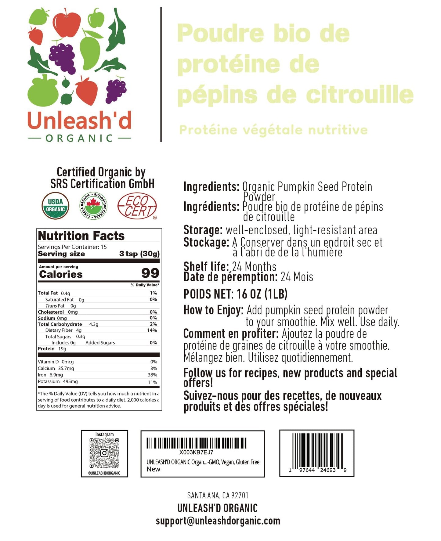 UNLEASH'D ORGANIC Pumpkin Seed Protein Powder 16 oz