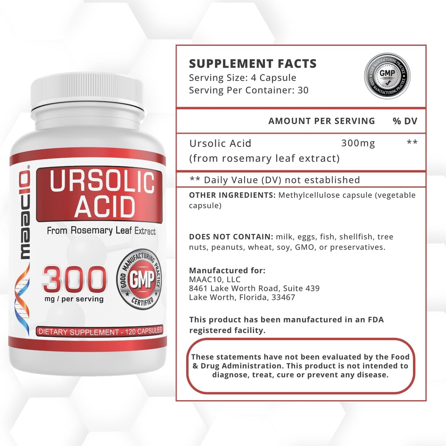 MAAC10 Ursolic Acid 300mg from Rosemary Extract Capsule, 1 Capsule