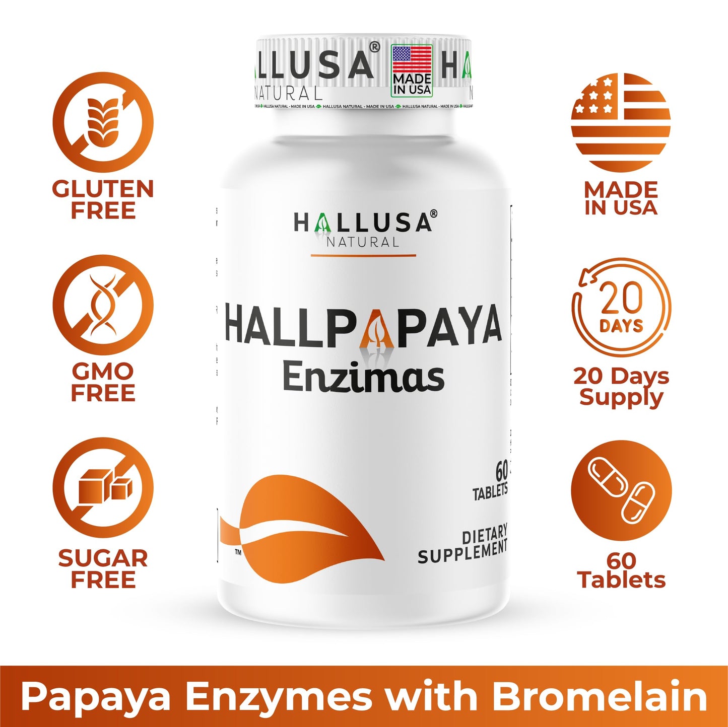 Hallusa Natural Papaya Enzyme Tablets, 60 Count