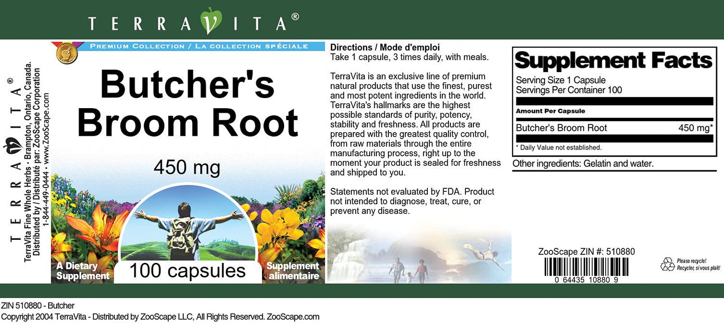 Terravita Butcher's Broom Root 450 mg Capsules, 300 Count