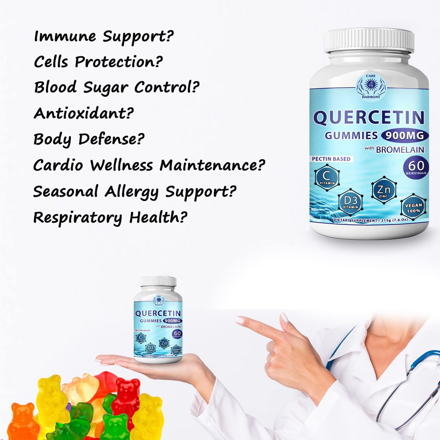 CARE 4 HARMONY Quercetin Gummies with Bromelain, Vitamin C, Zinc & Vitamin D3, 900mg Quercetin, 120 Gummies