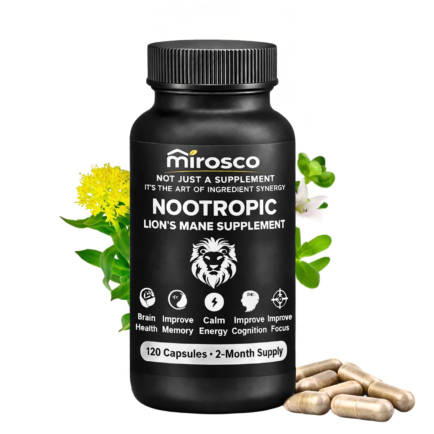 Mirosco Organic Lions Mane Supplements with Mushroom Extract, Rhodiola Bacopa & L-Theanine, 90 Capsules