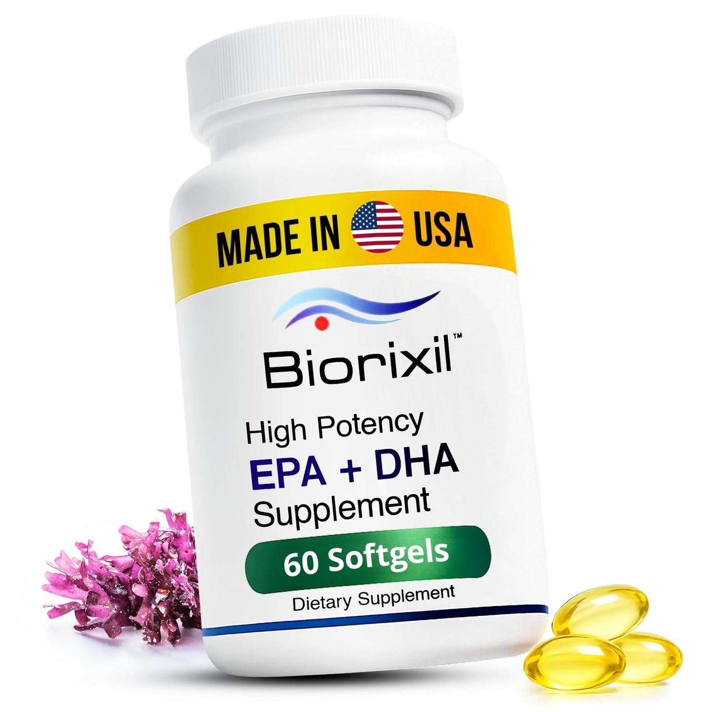 Biorixil Vegan Omega-3 Fish Oil Alternative from Algae Oil - High Potency EPA & DHA Supplement - Easy to Swallow Small Soft Gel Capsules, 60 Softgels