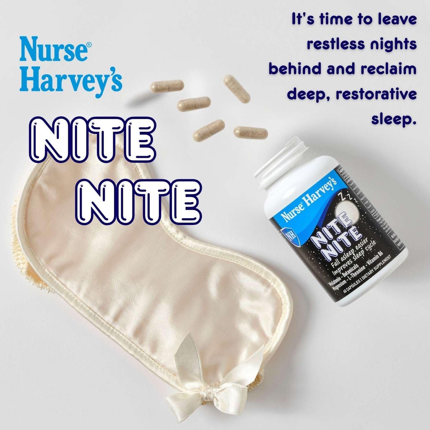 Nurse Harvey's Nite Nite Adult Sleep Capsules with 3mg Melatonin, Magnesium Bisglycinate, Vitamin B6 – 60 Vegan Capsules